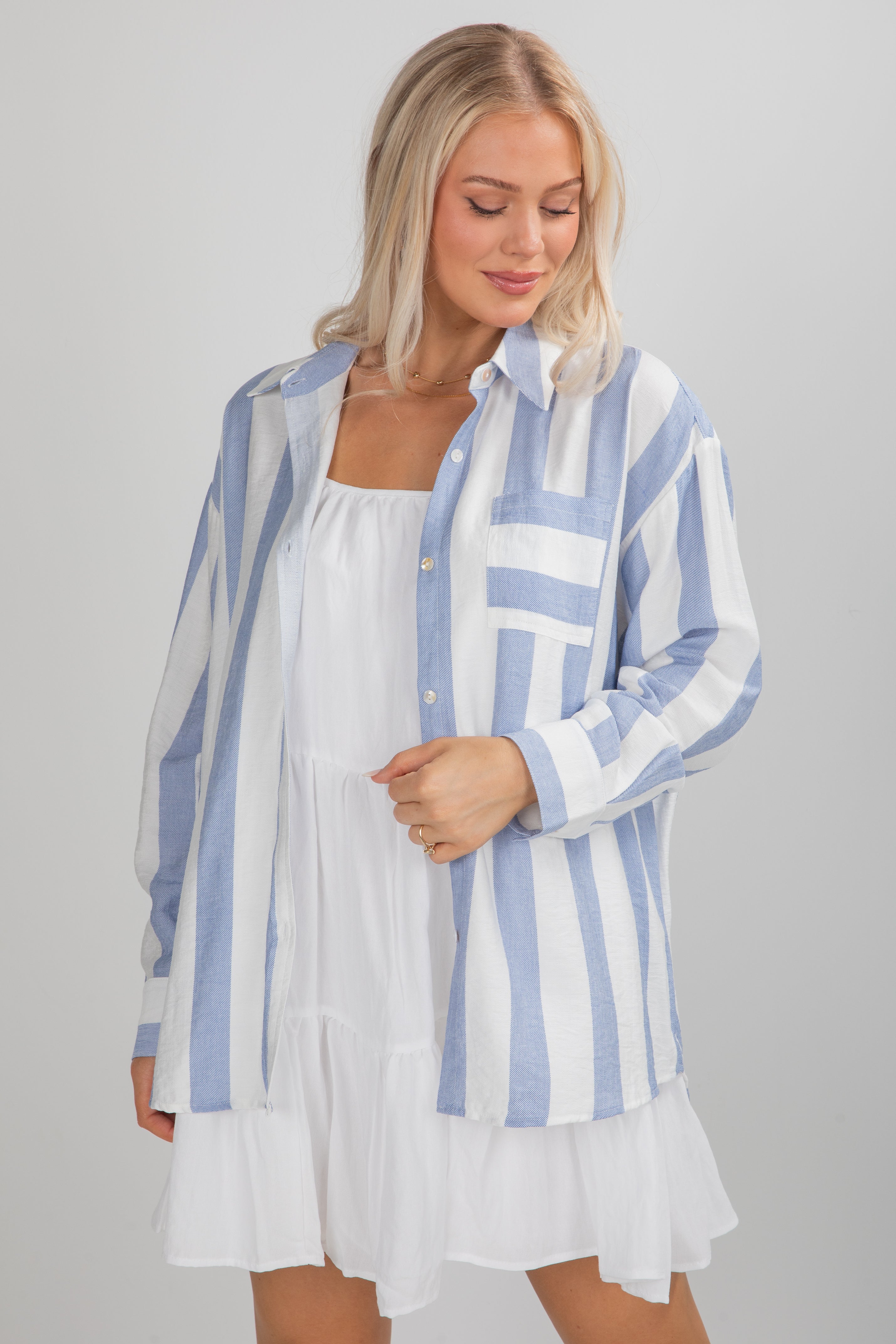 FINAL SALE - Essential Fit Light Blue Striped Button-Up Blouse