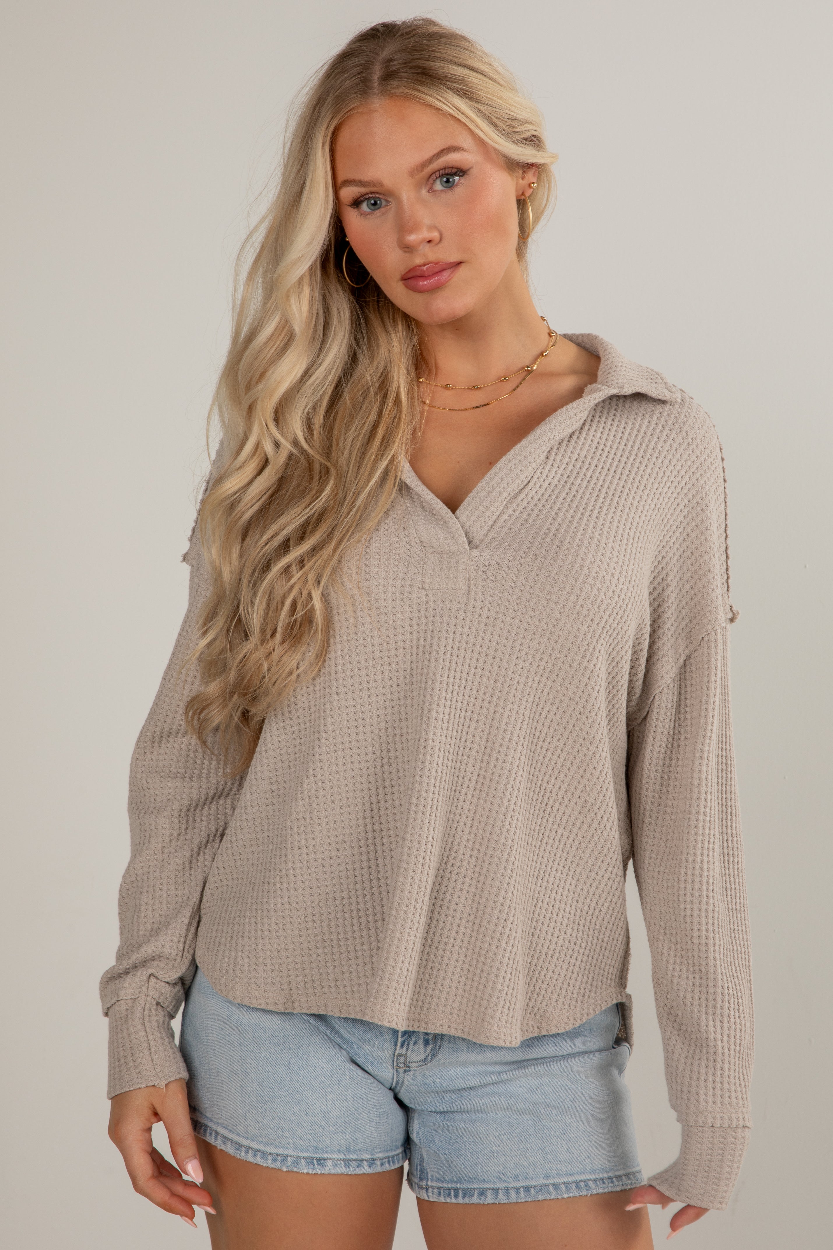 FINAL SALE - Casual Coziness Collared Waffle Knit Top