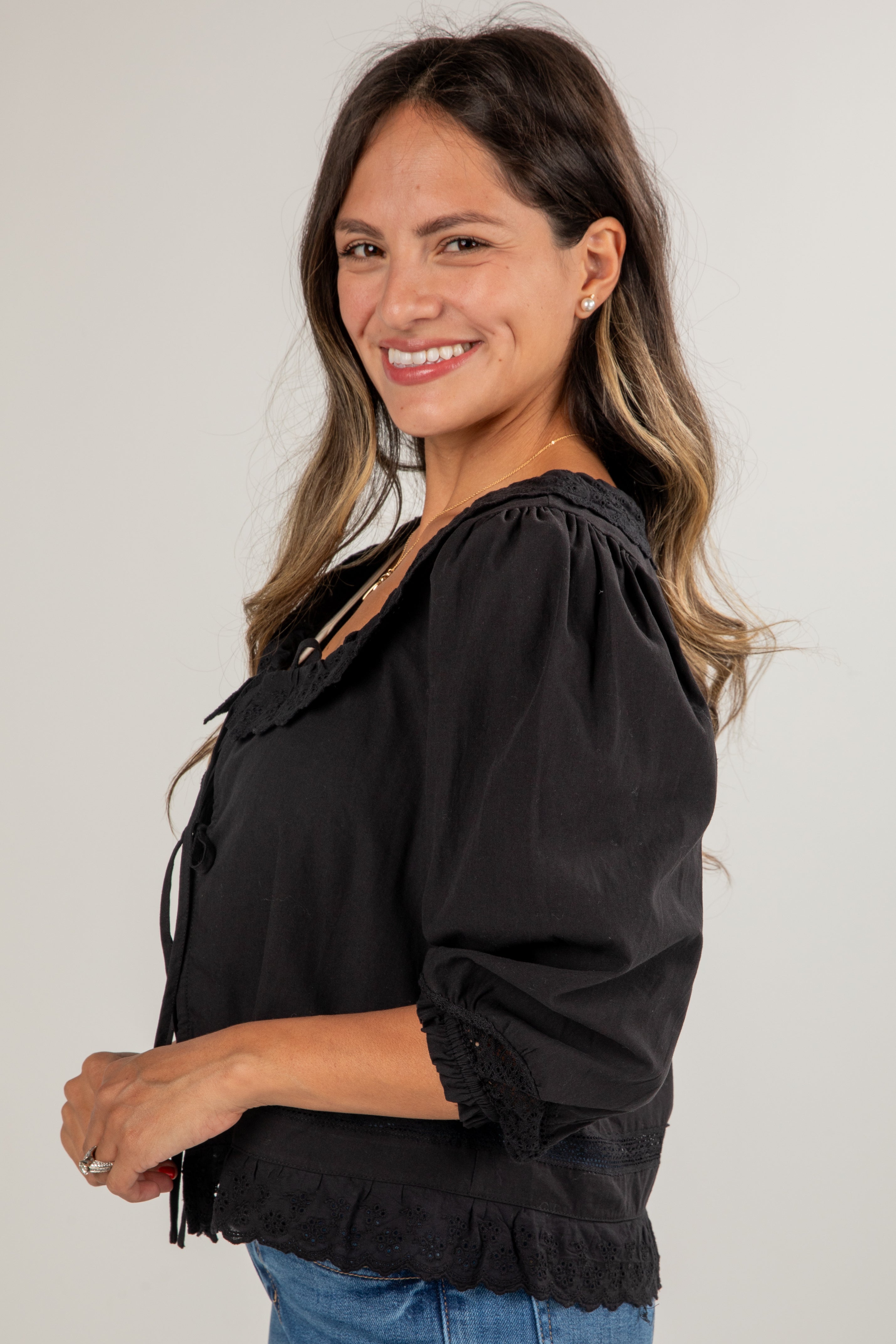 FINAL SALE - All My Dreams Black Eyelet Tie Blouse