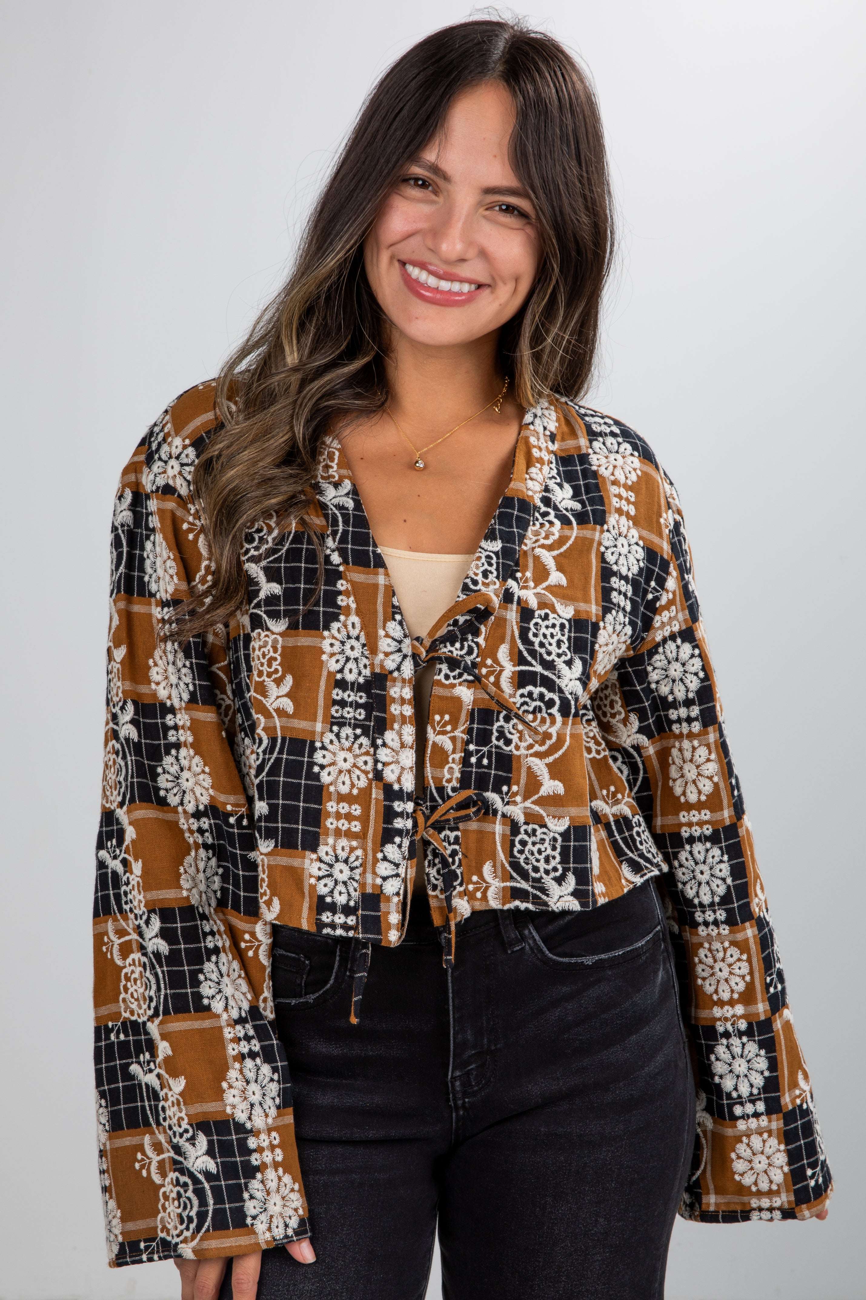FINAL SALE - Wonderful Times Black Plaid Embroidered Tie Blouse