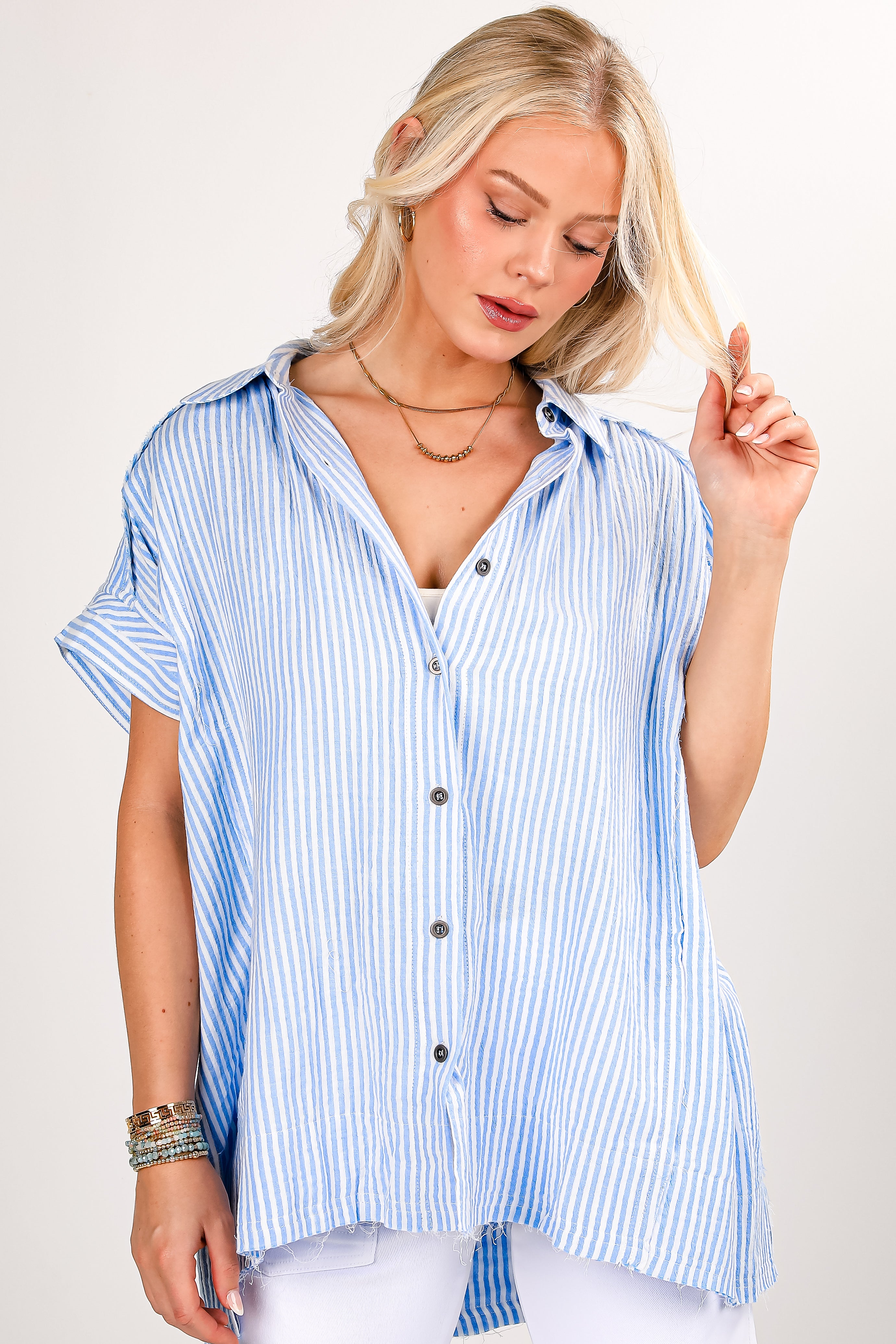 FINAL SALE - In The Beginning Light Blue Striped Oversized Blouse
