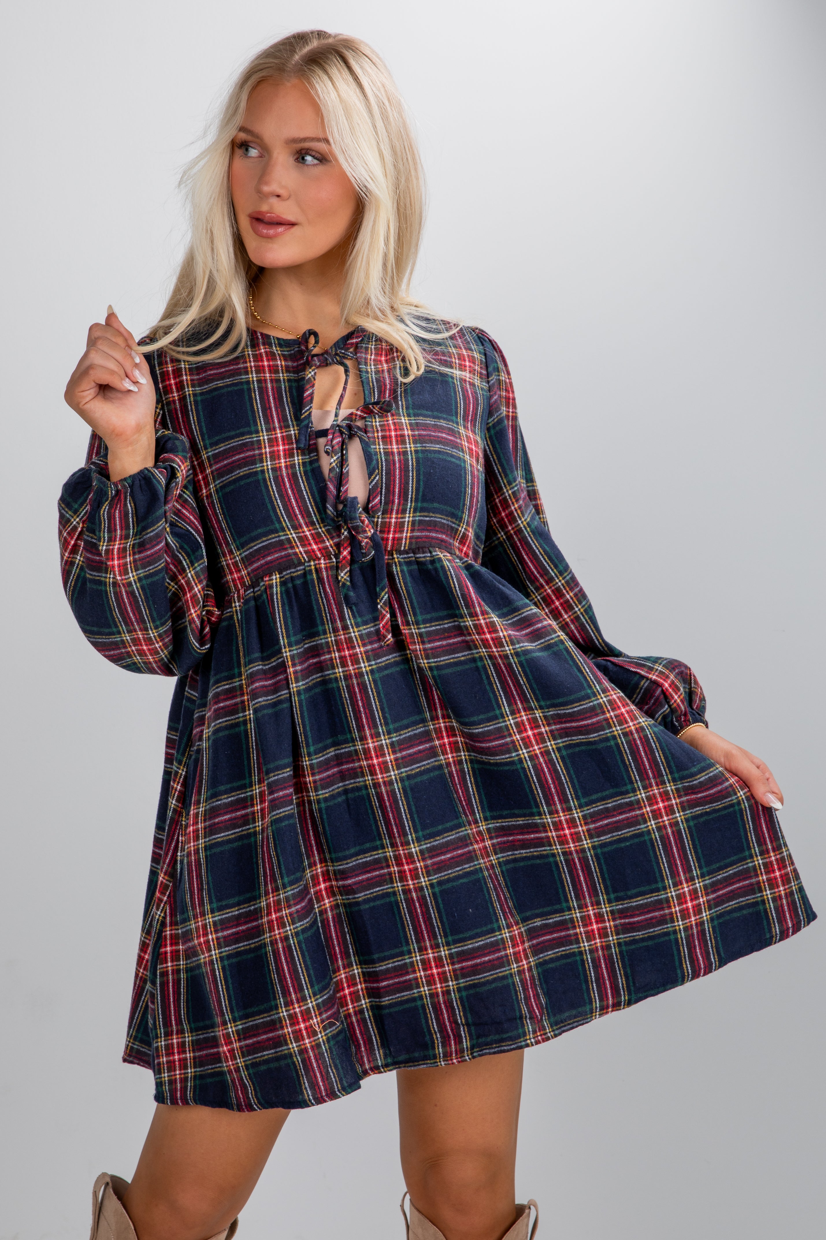 FINAL SALE - Very Merry Moments Plaid Babydoll Mini Dress