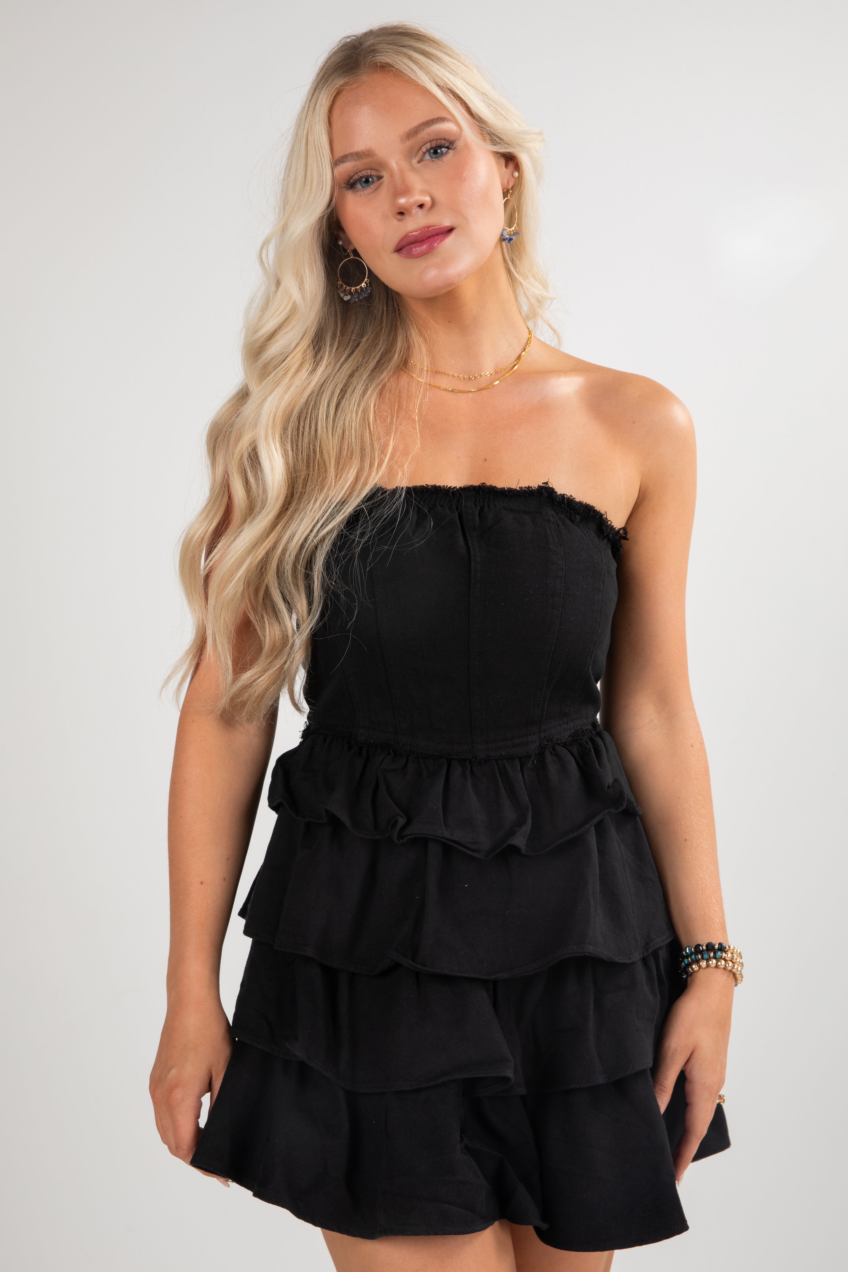 FINAL SALE - First Down Tiered Strapless Mini Dress