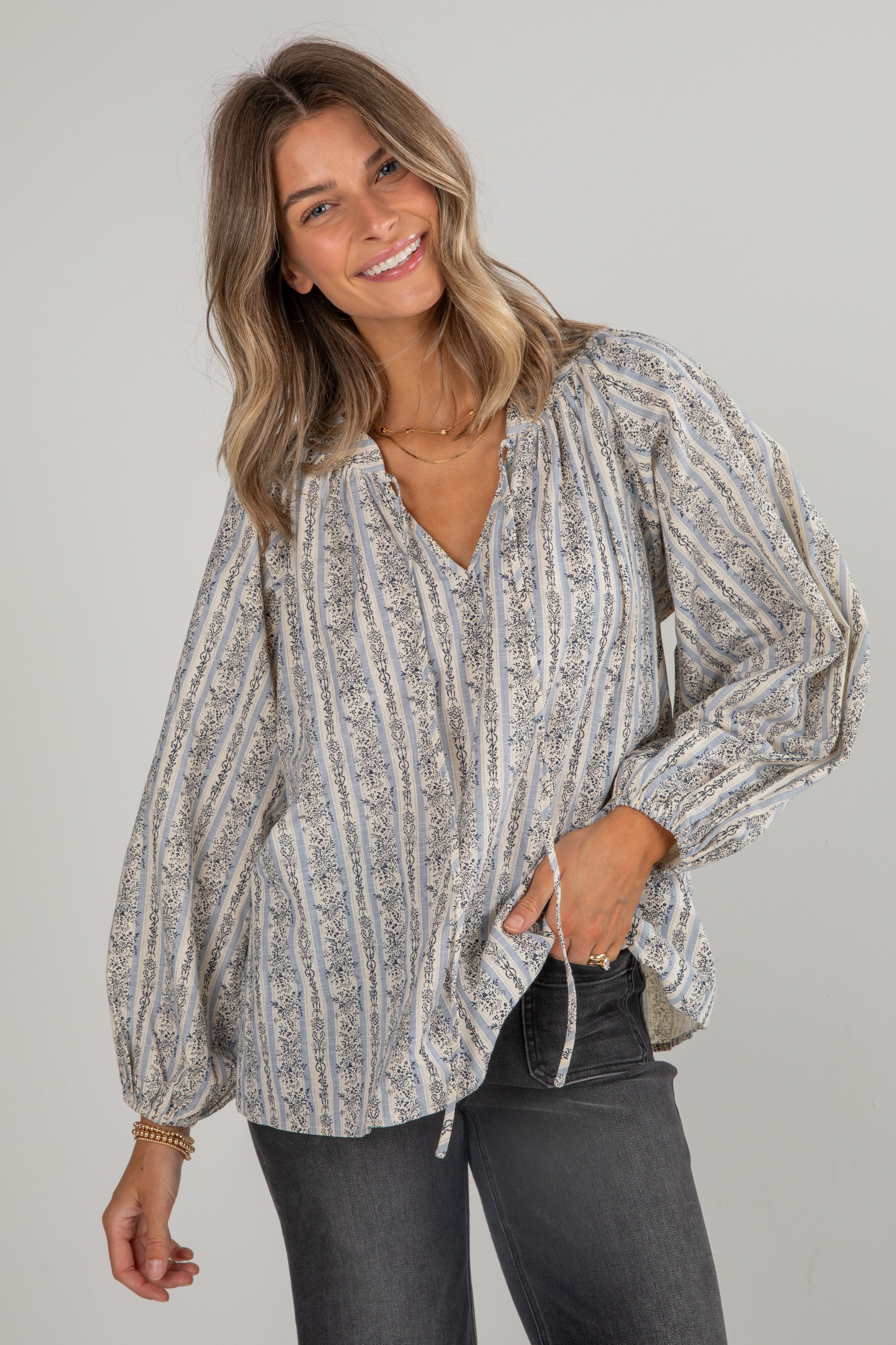 FINAL SALE - Forever In Love Light Blue Floral Striped Blouse