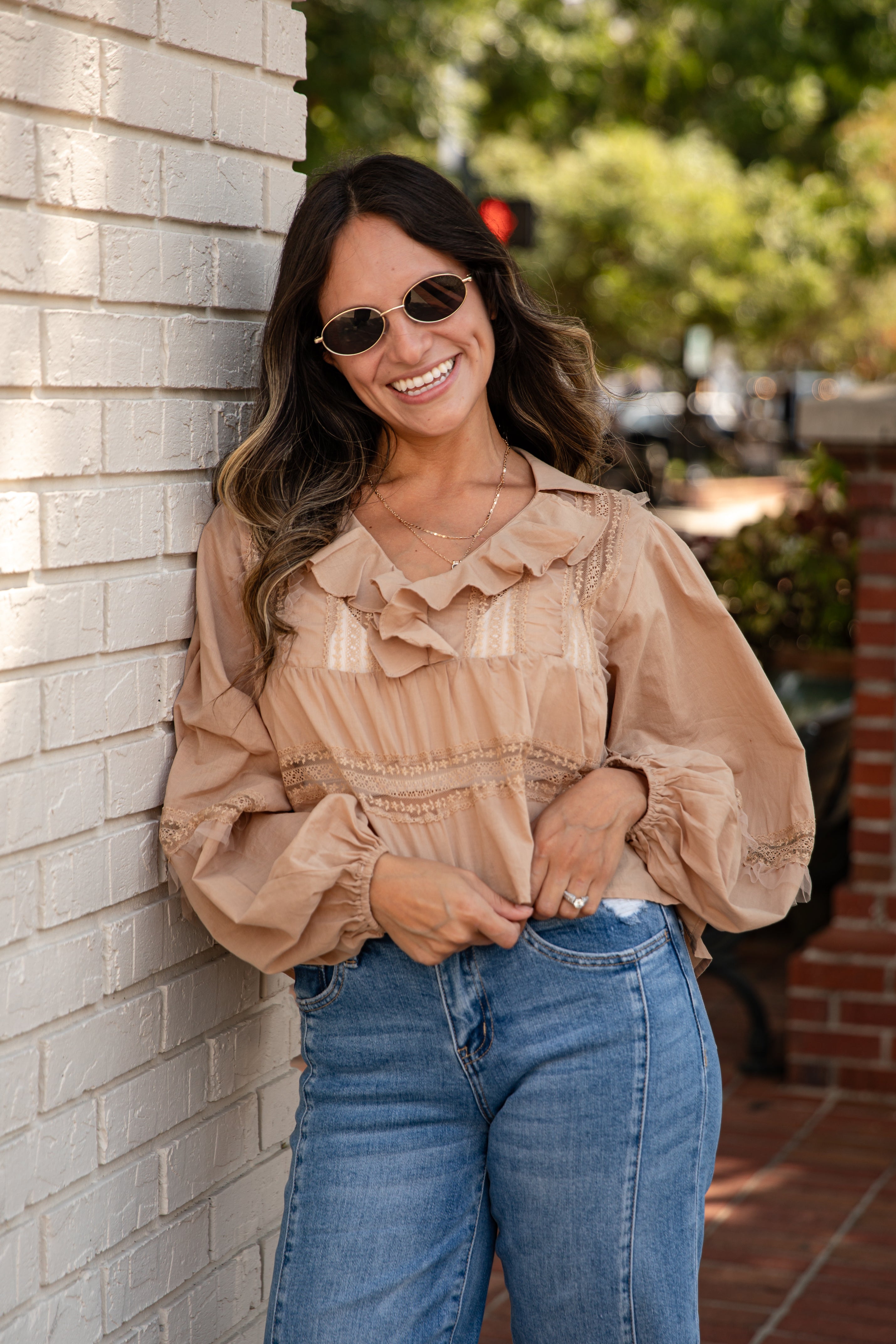 FINAL SALE - Own The Moment Taupe Lace Ruffle Blouse