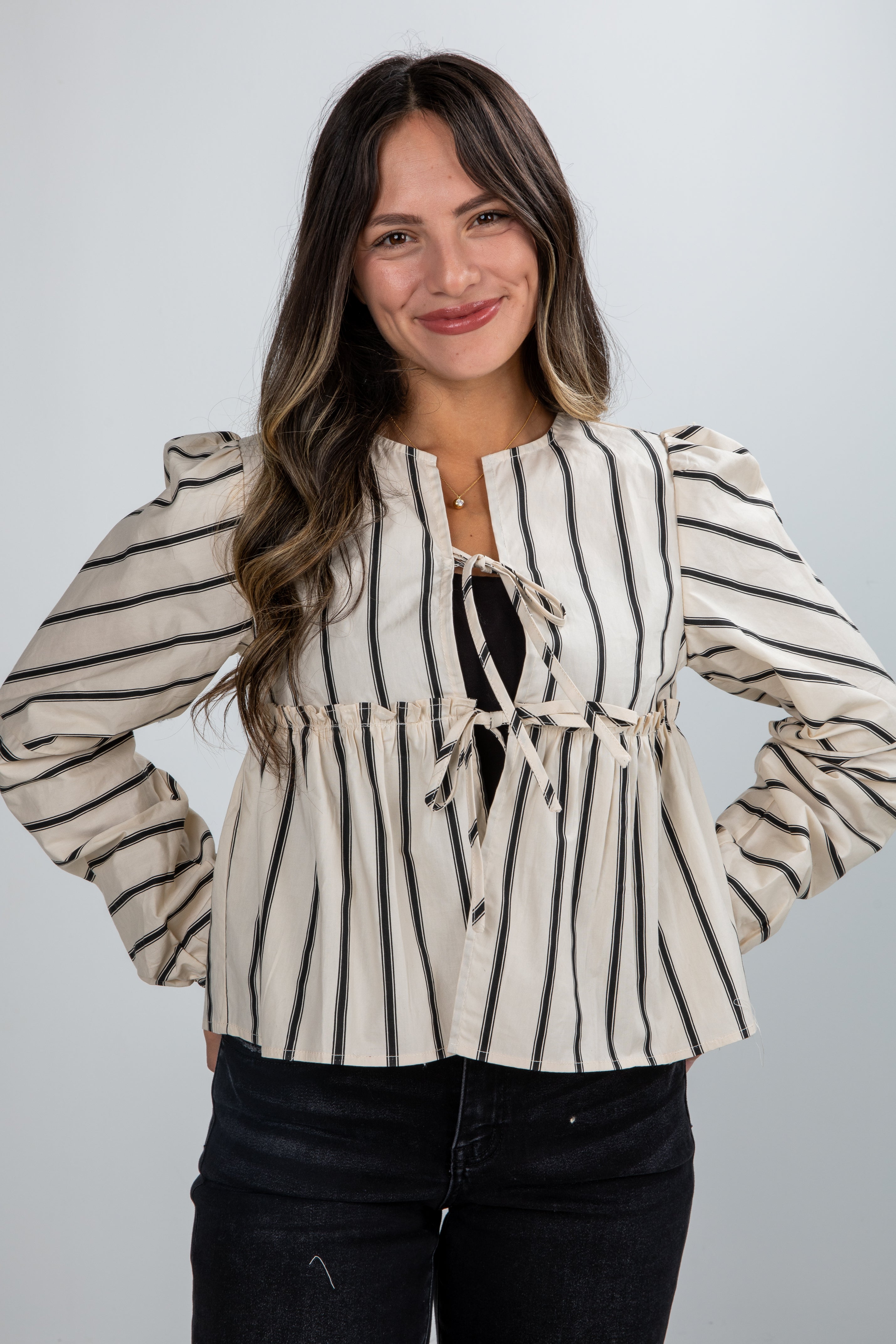FINAL SALE - Classy Attitude Cream Striped Tie Blouse