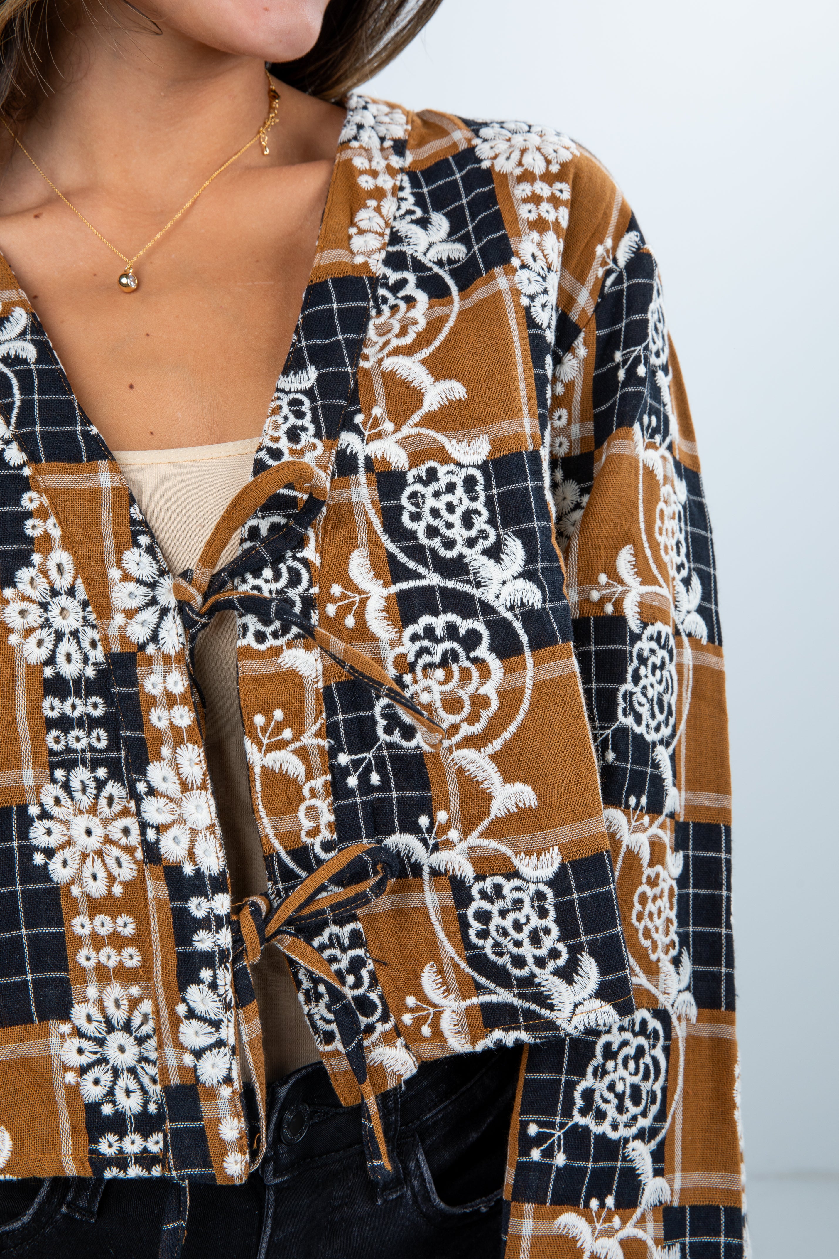 FINAL SALE - Wonderful Times Black Plaid Embroidered Tie Blouse