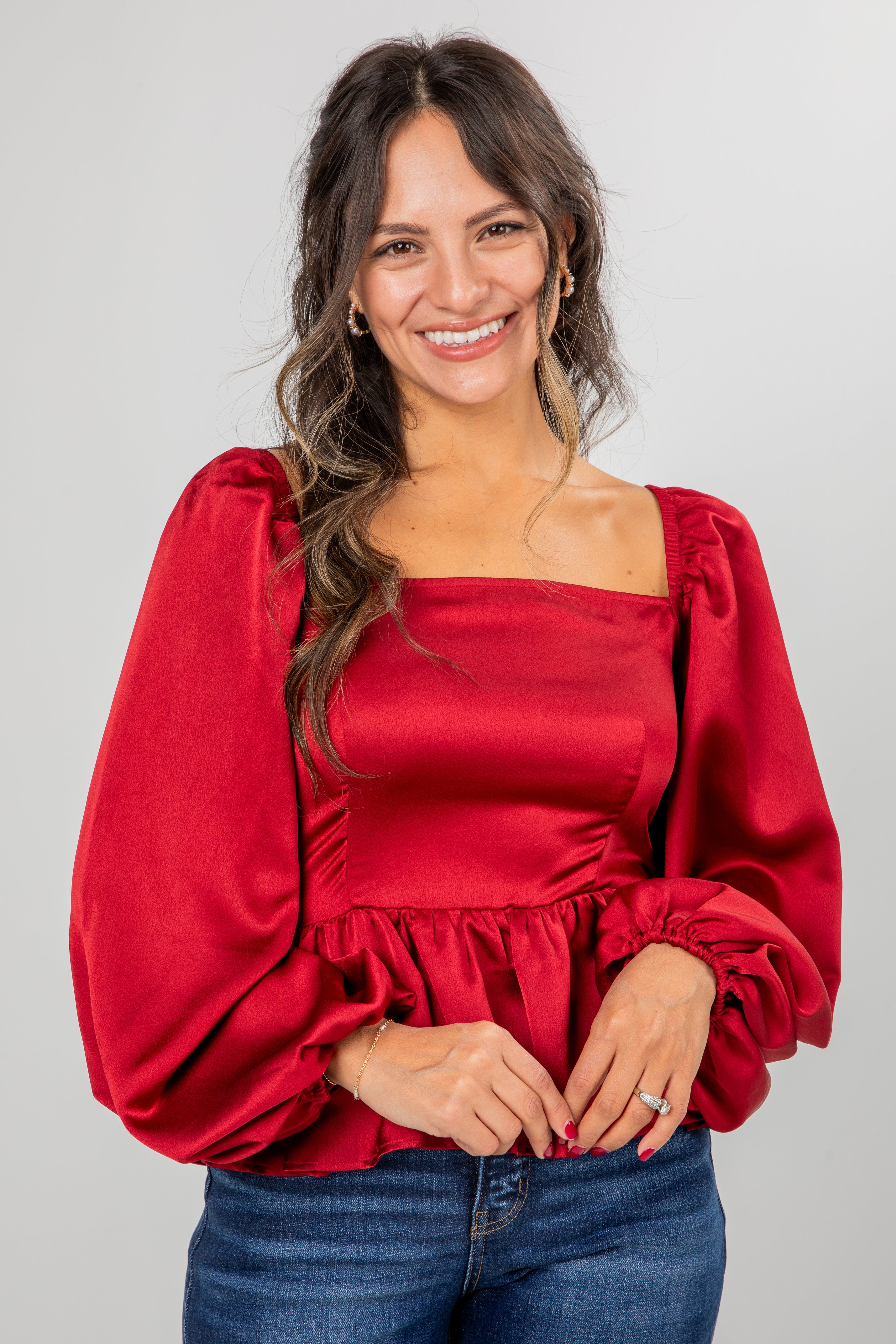 FINAL SALE - Graceful Presence Burgundy Satin Peplum Blouse