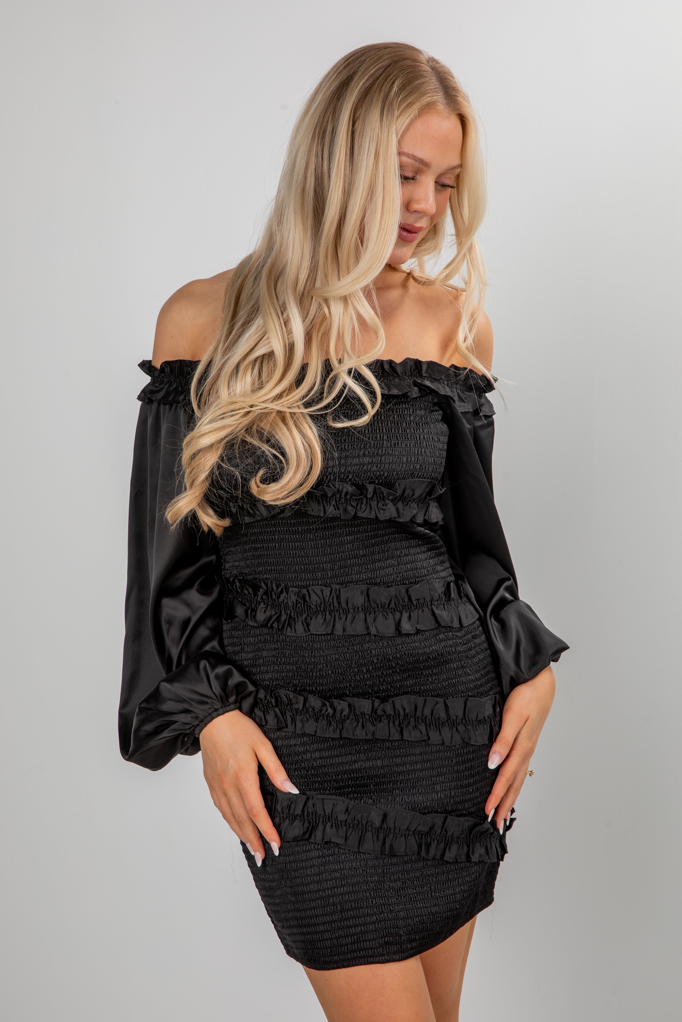 FINAL SALE - Dramatic Instincts Black Satin Smocked Ruffle Mini Dress