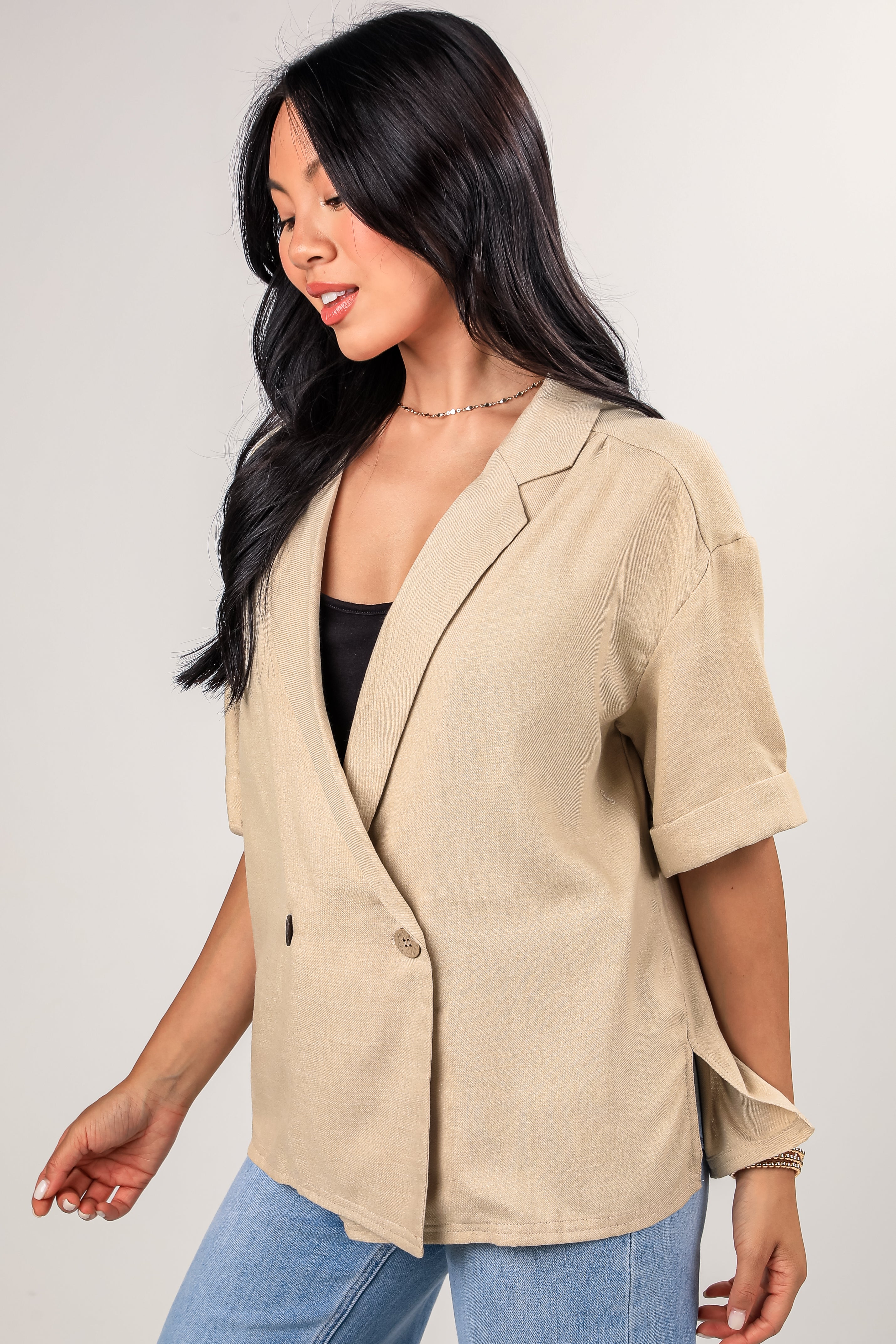 FINAL SALE - What Comes Next Oatmeal Short Sleeve Blazer