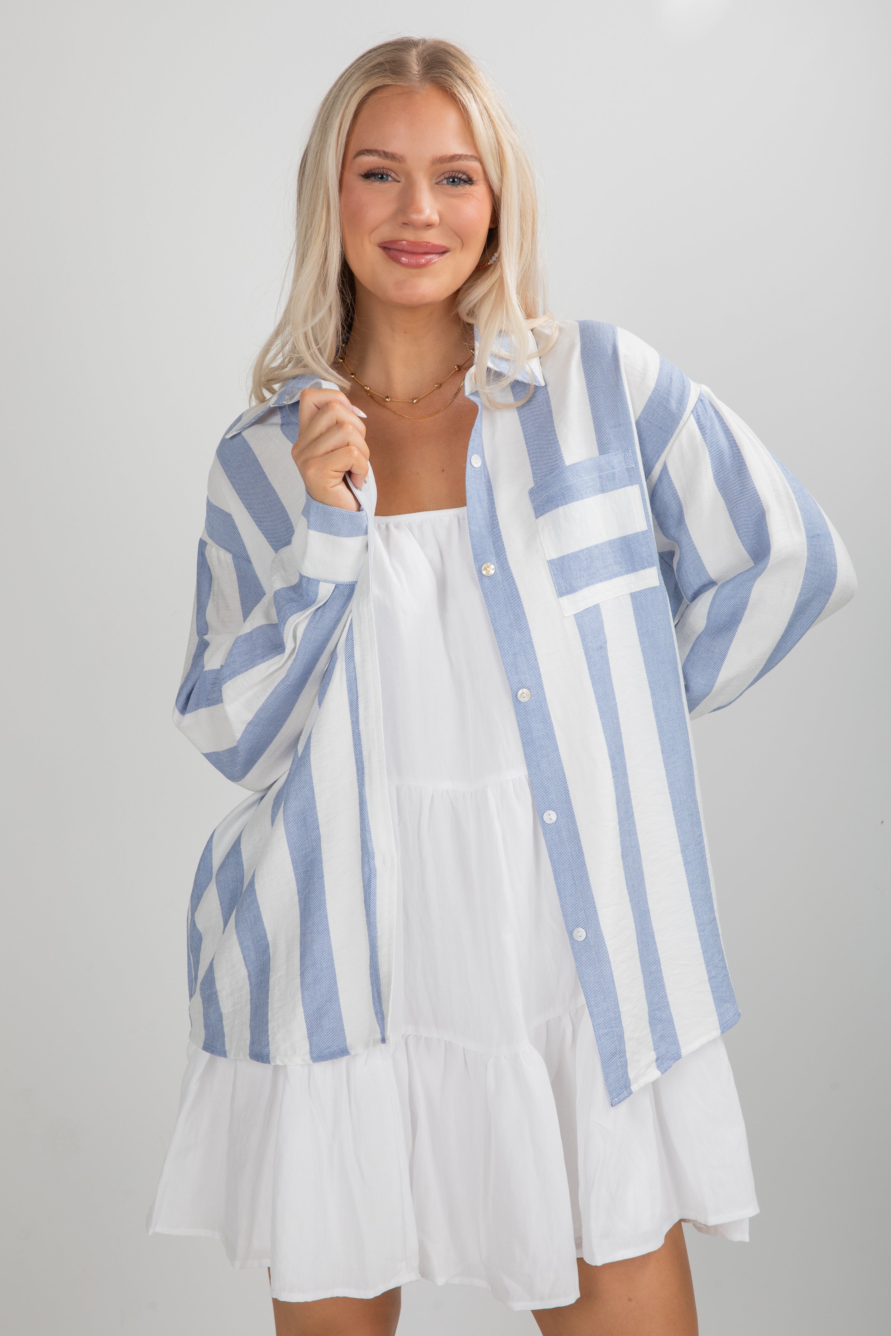 FINAL SALE - Essential Fit Light Blue Striped Button-Up Blouse