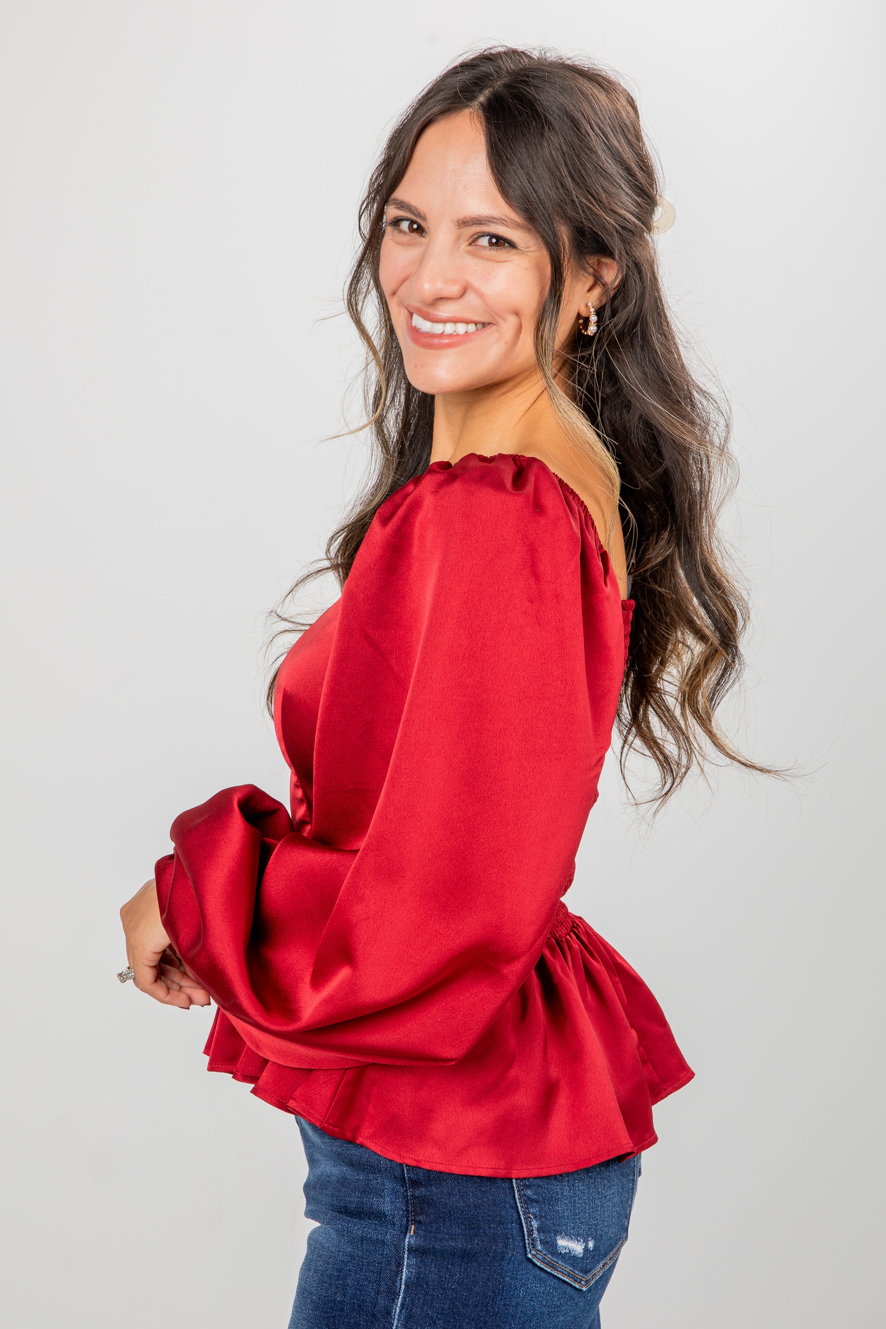 FINAL SALE - Graceful Presence Burgundy Satin Peplum Blouse