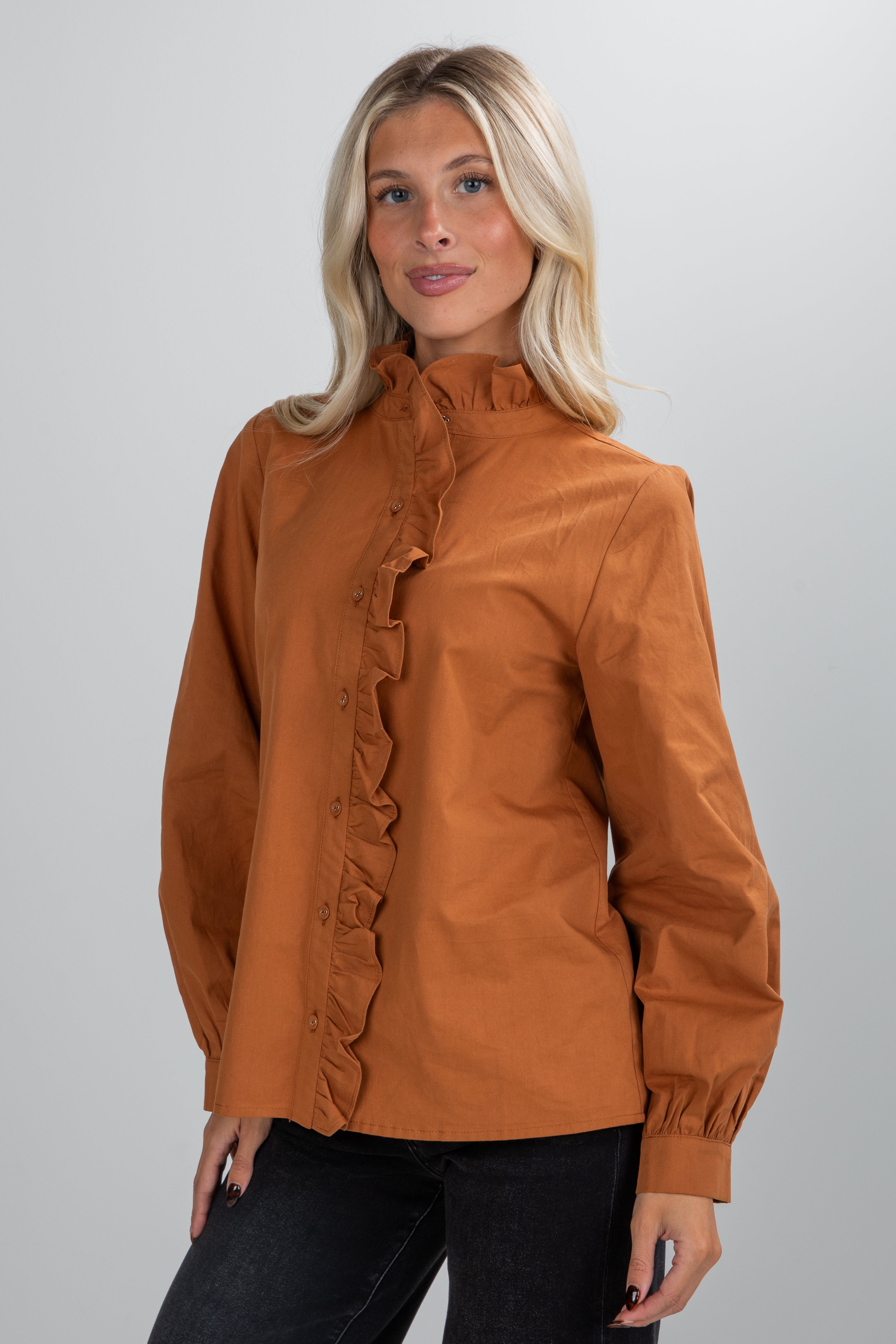 FINAL SALE - Marvelous Darling Camel Ruffle Blouse