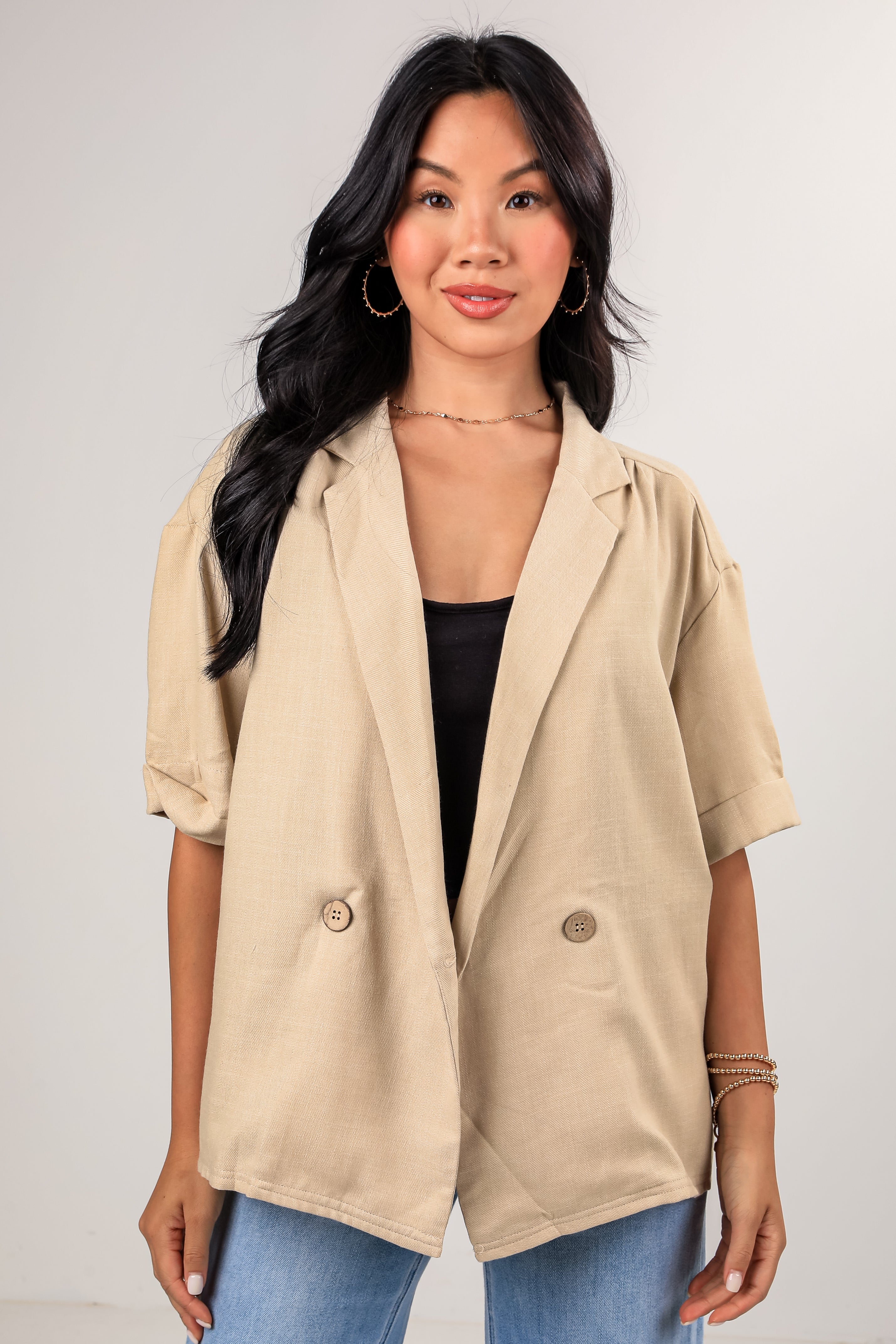 FINAL SALE - What Comes Next Oatmeal Short Sleeve Blazer