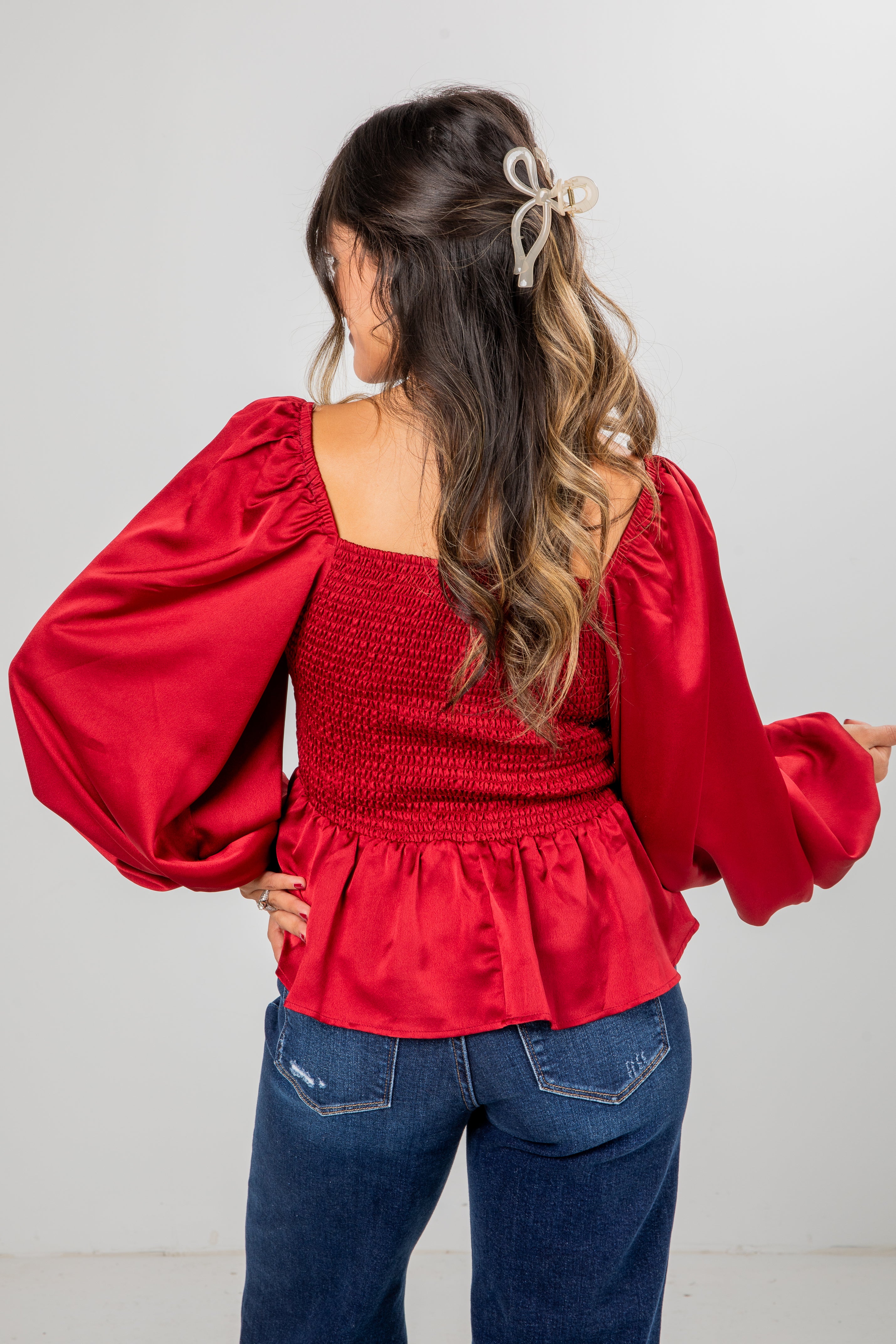 FINAL SALE - Graceful Presence Burgundy Satin Peplum Blouse