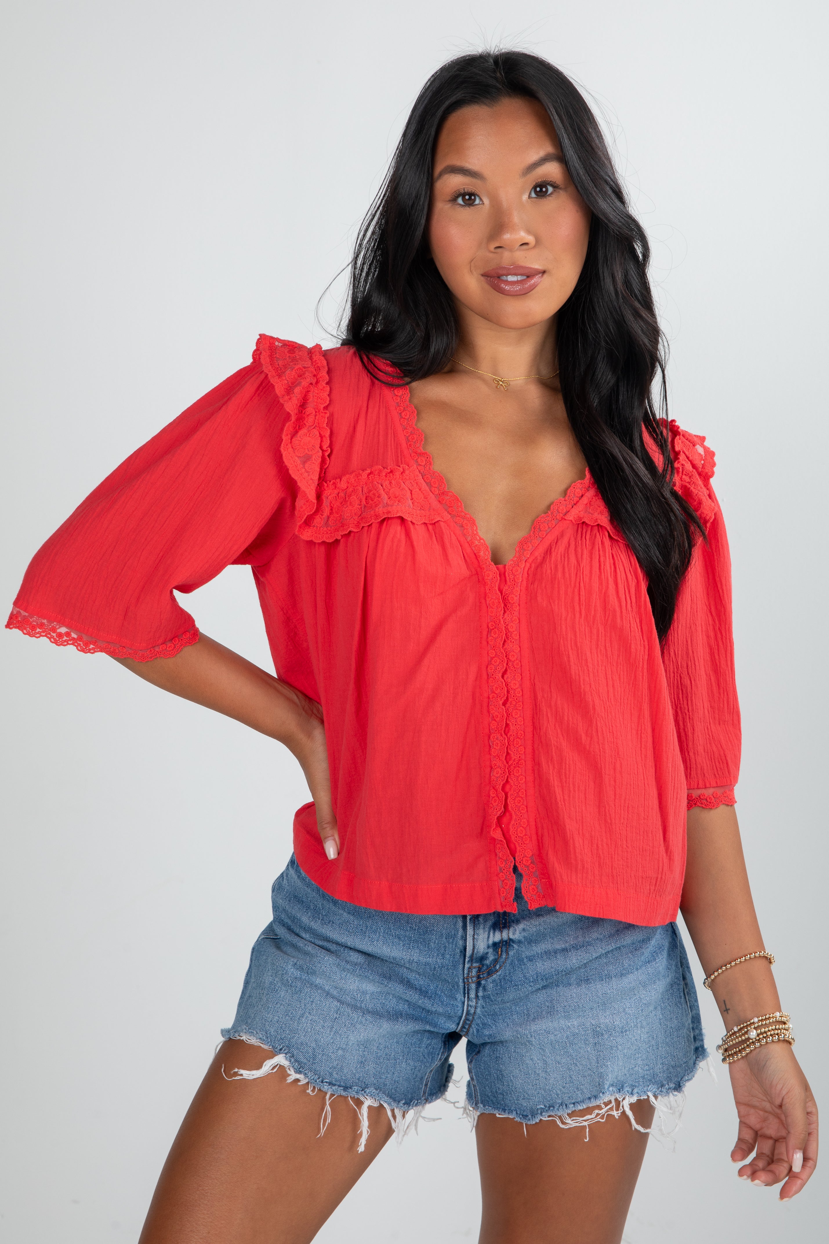 FINAL SALE - Gracefully As She Goes Red Lace Blouse
