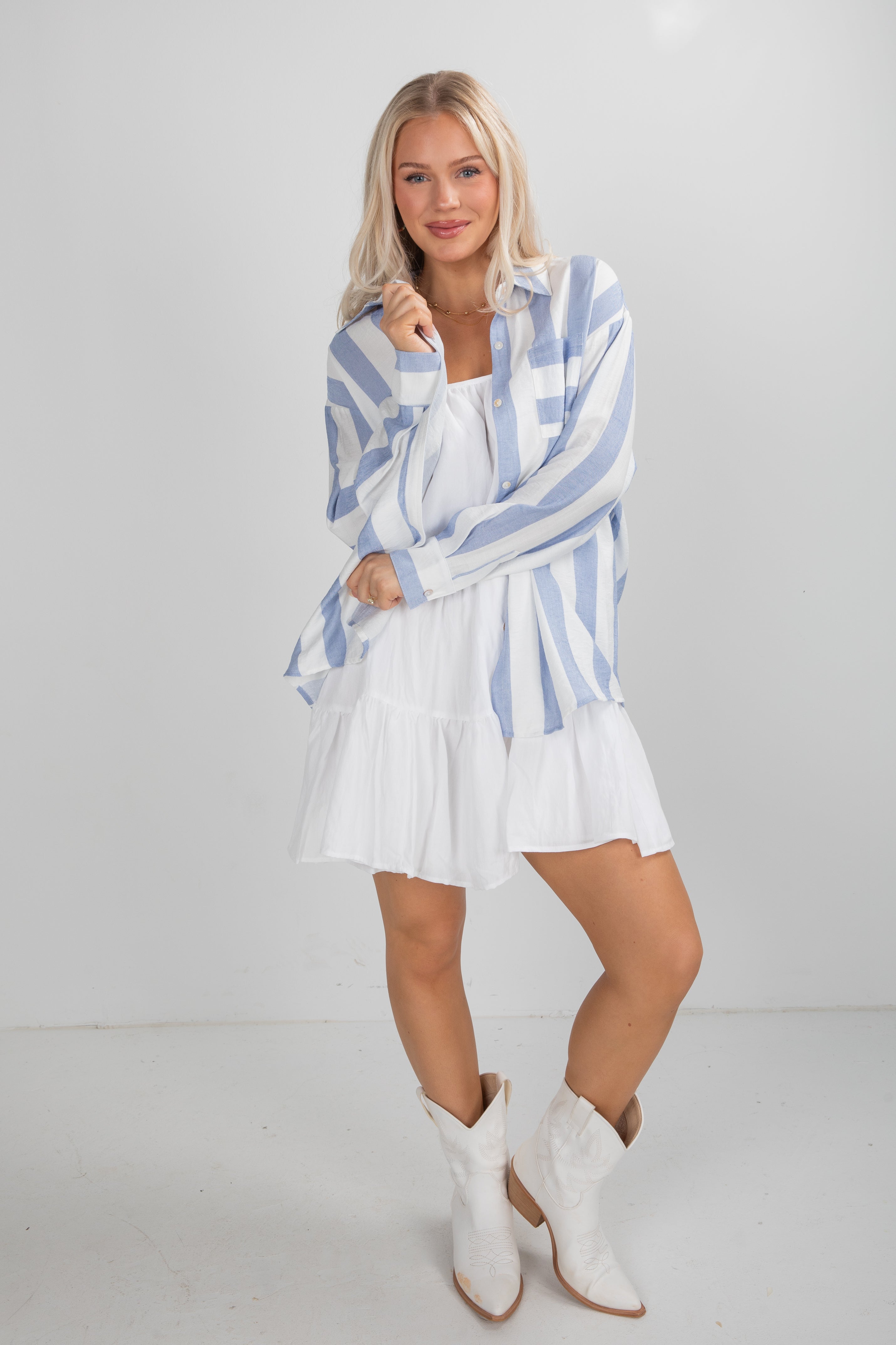 FINAL SALE - Essential Fit Light Blue Striped Button-Up Blouse