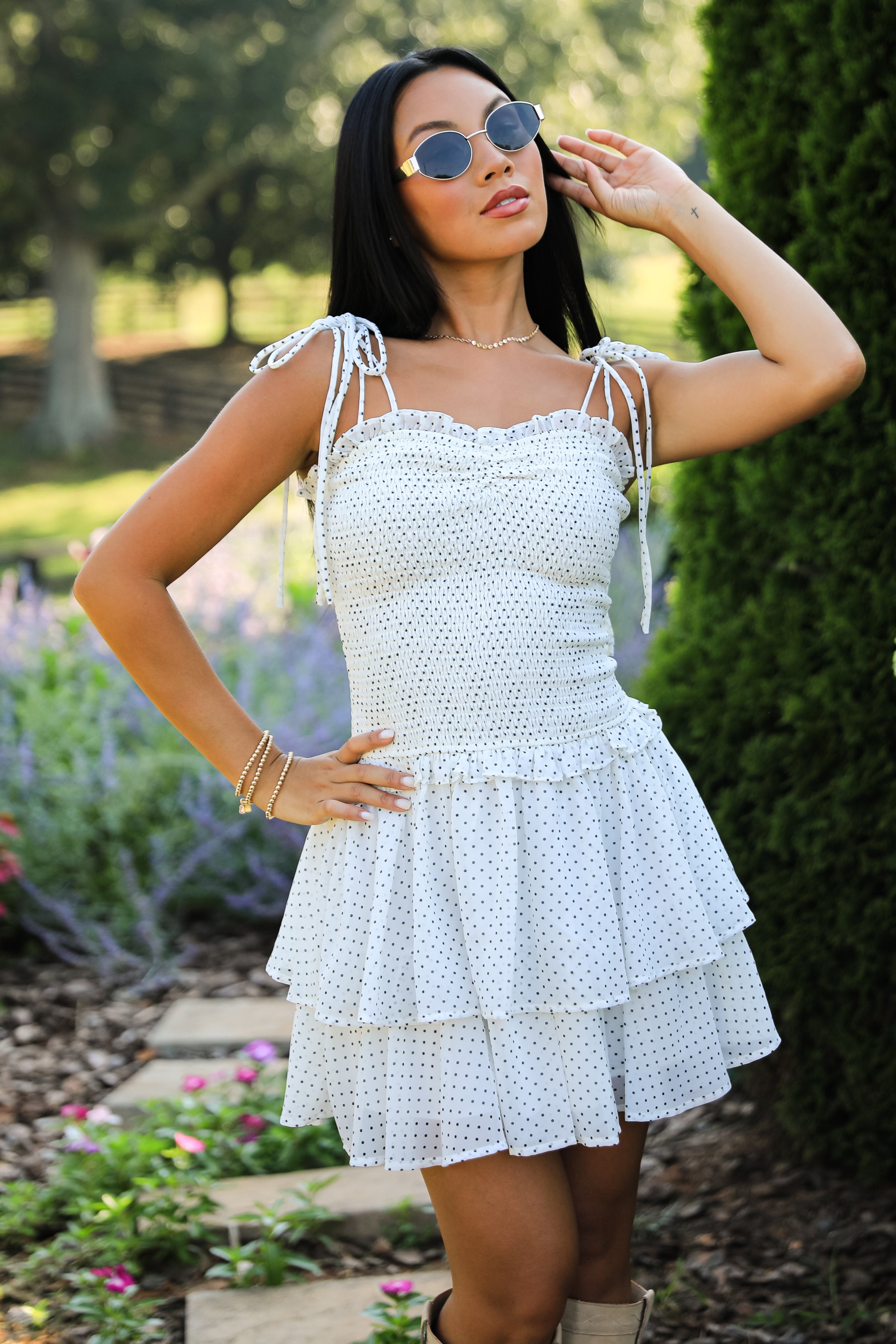 FINAL SALE - Elegance Awaits White Polka Dot Smocked Mini Dress