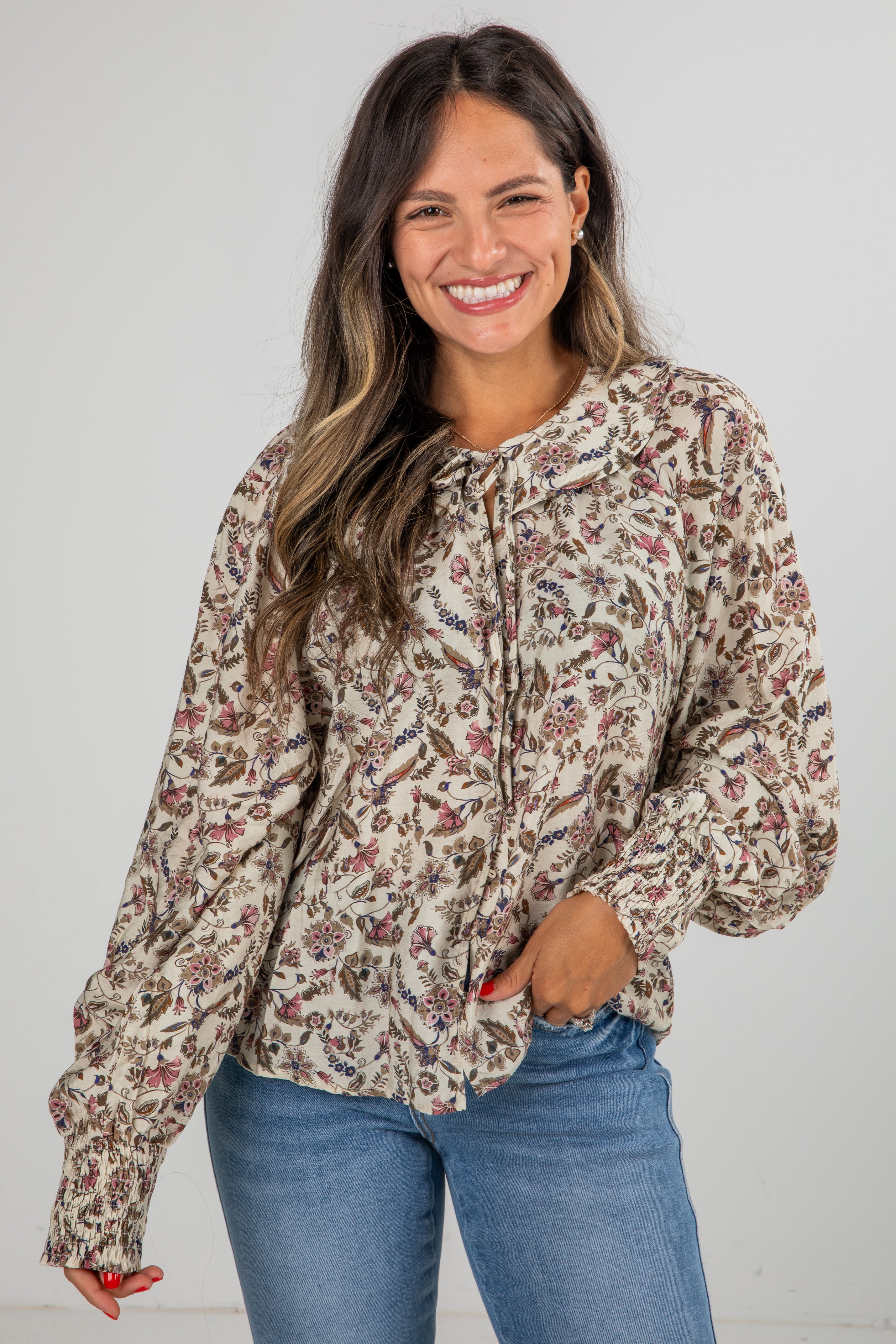 FINAL SALE - Blooming Gently Natural Floral Blouse