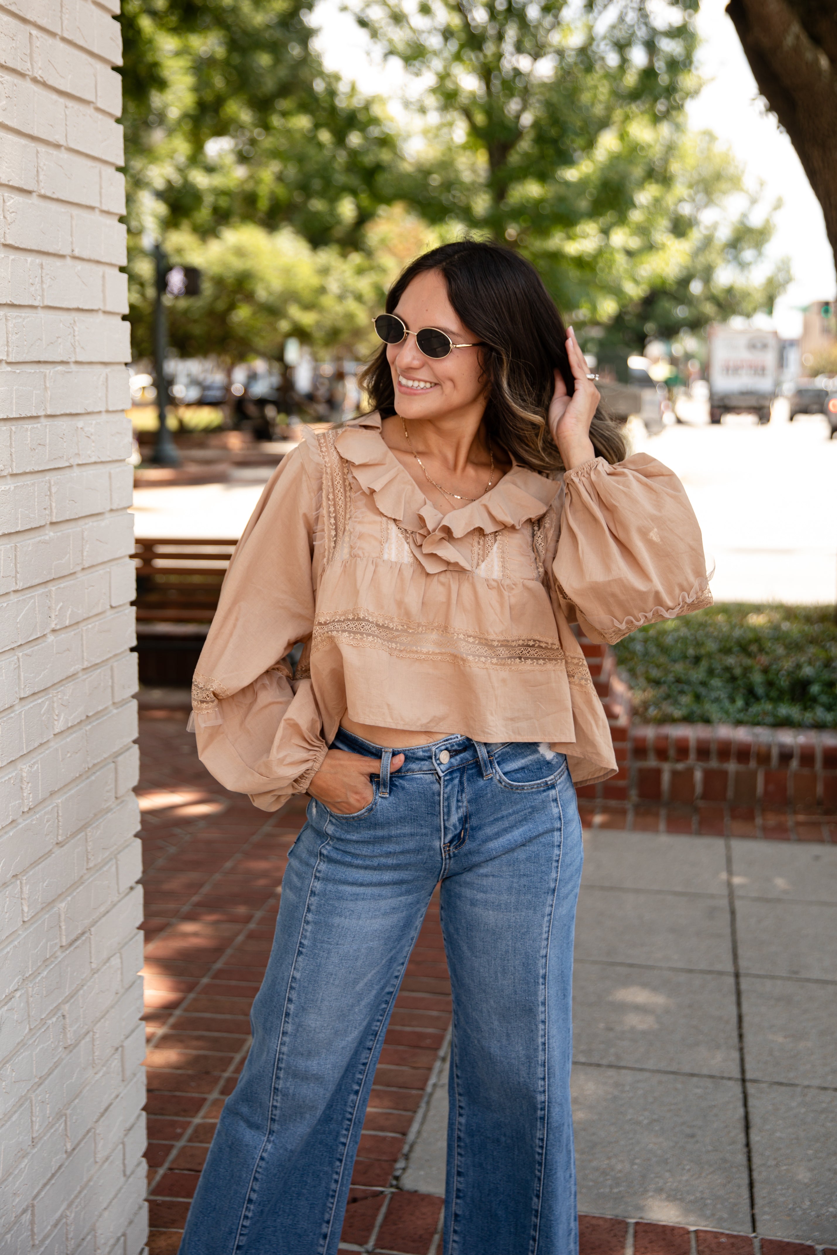FINAL SALE - Own The Moment Taupe Lace Ruffle Blouse