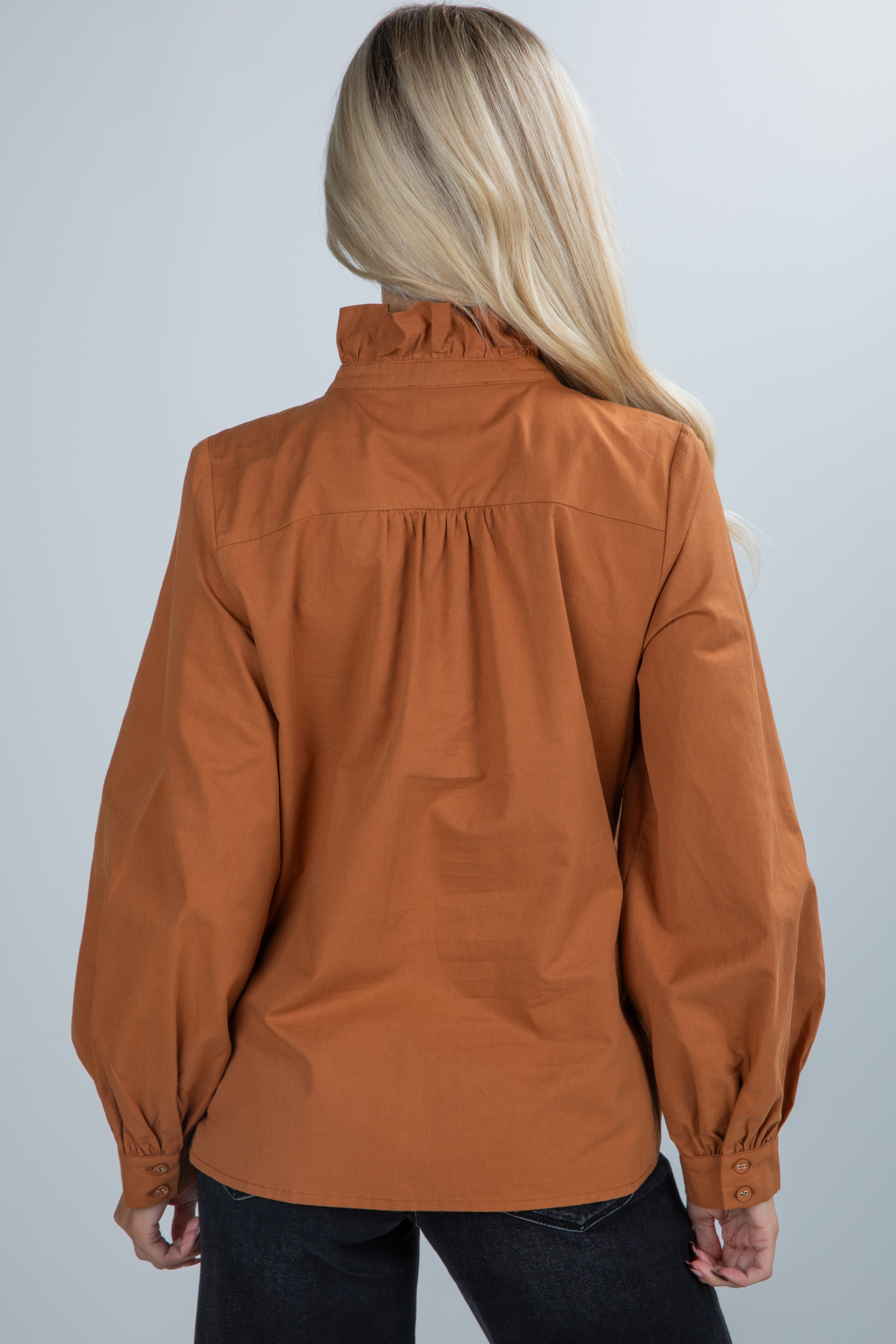 FINAL SALE - Marvelous Darling Camel Ruffle Blouse