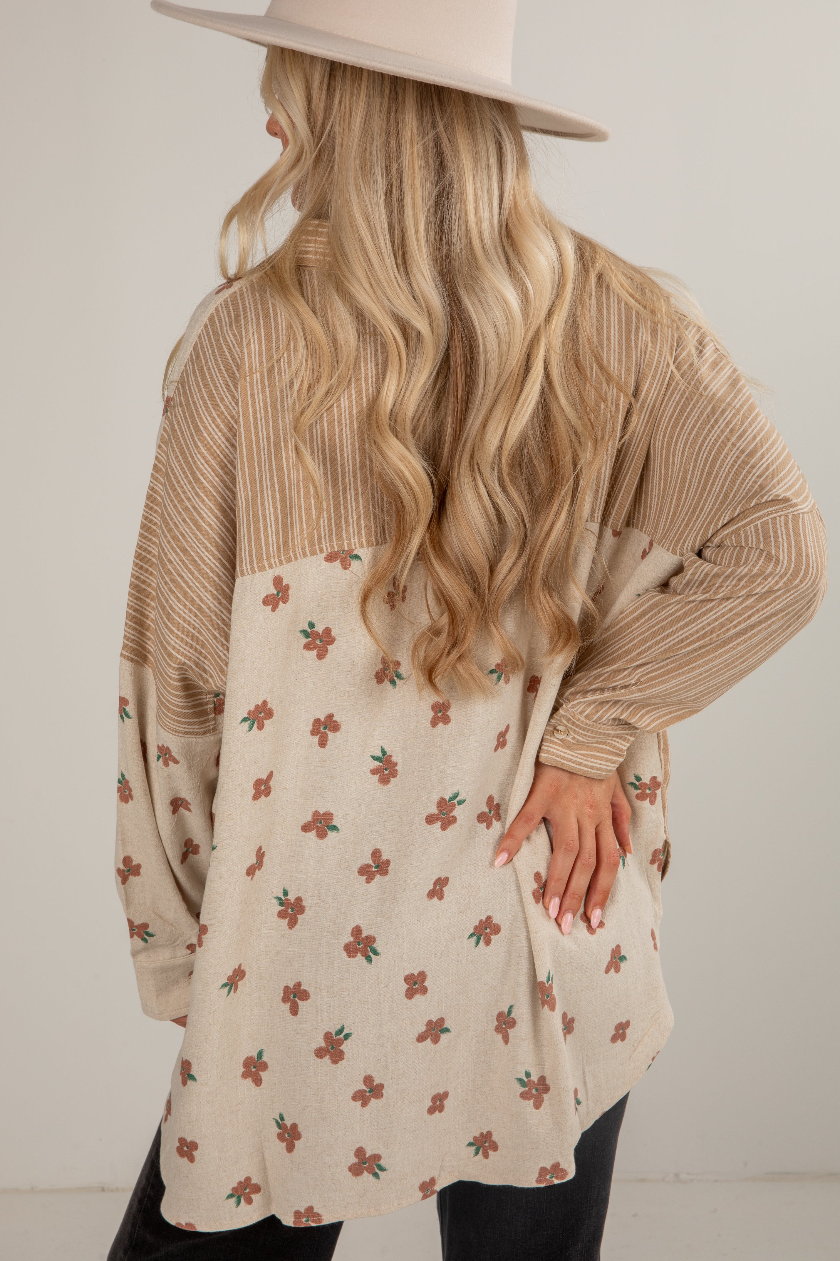 FINAL SALE - Living The Dream Taupe Floral Striped Button-Up Blouse