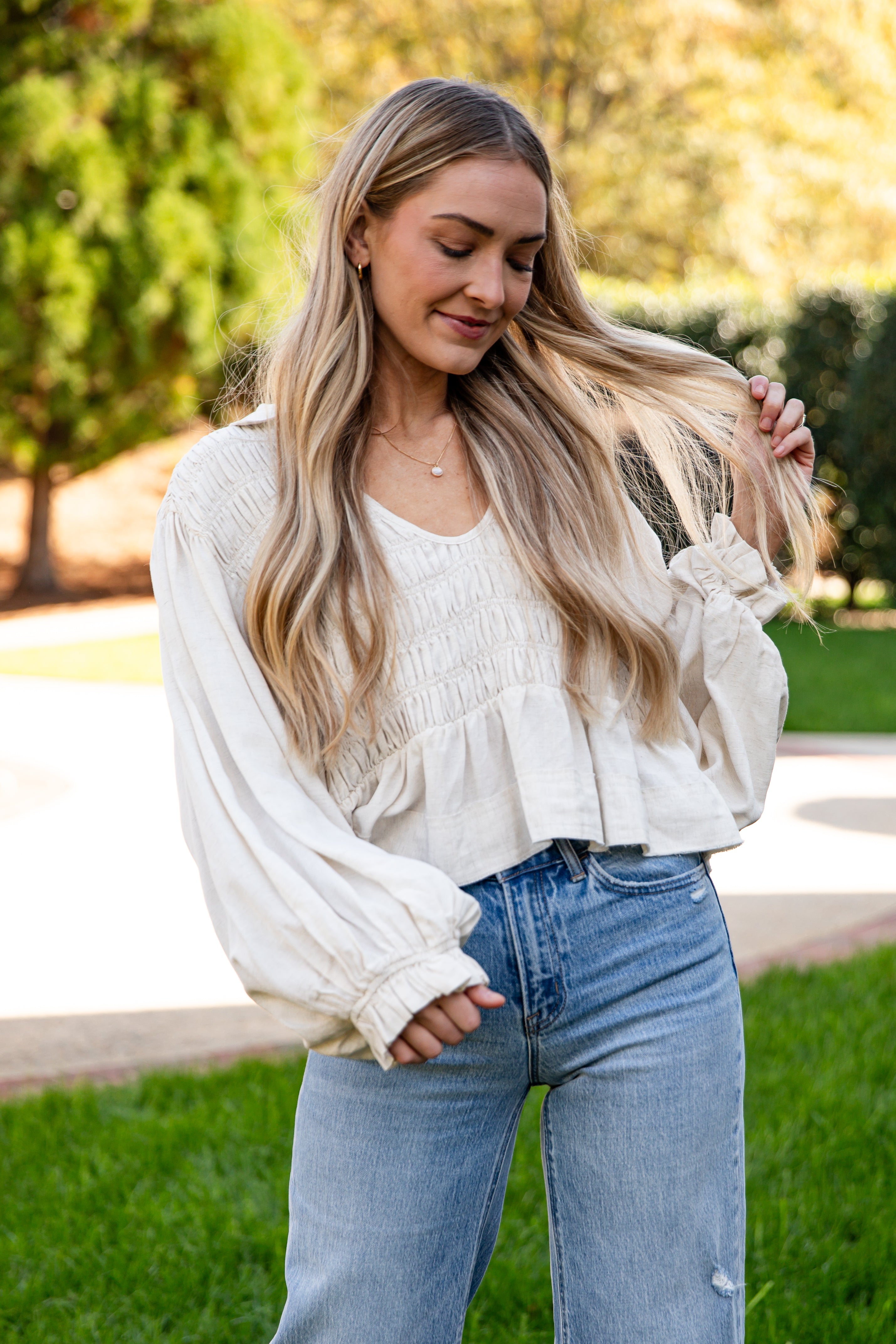 FINAL SALE - All In Time Oatmeal Smocked Blouse