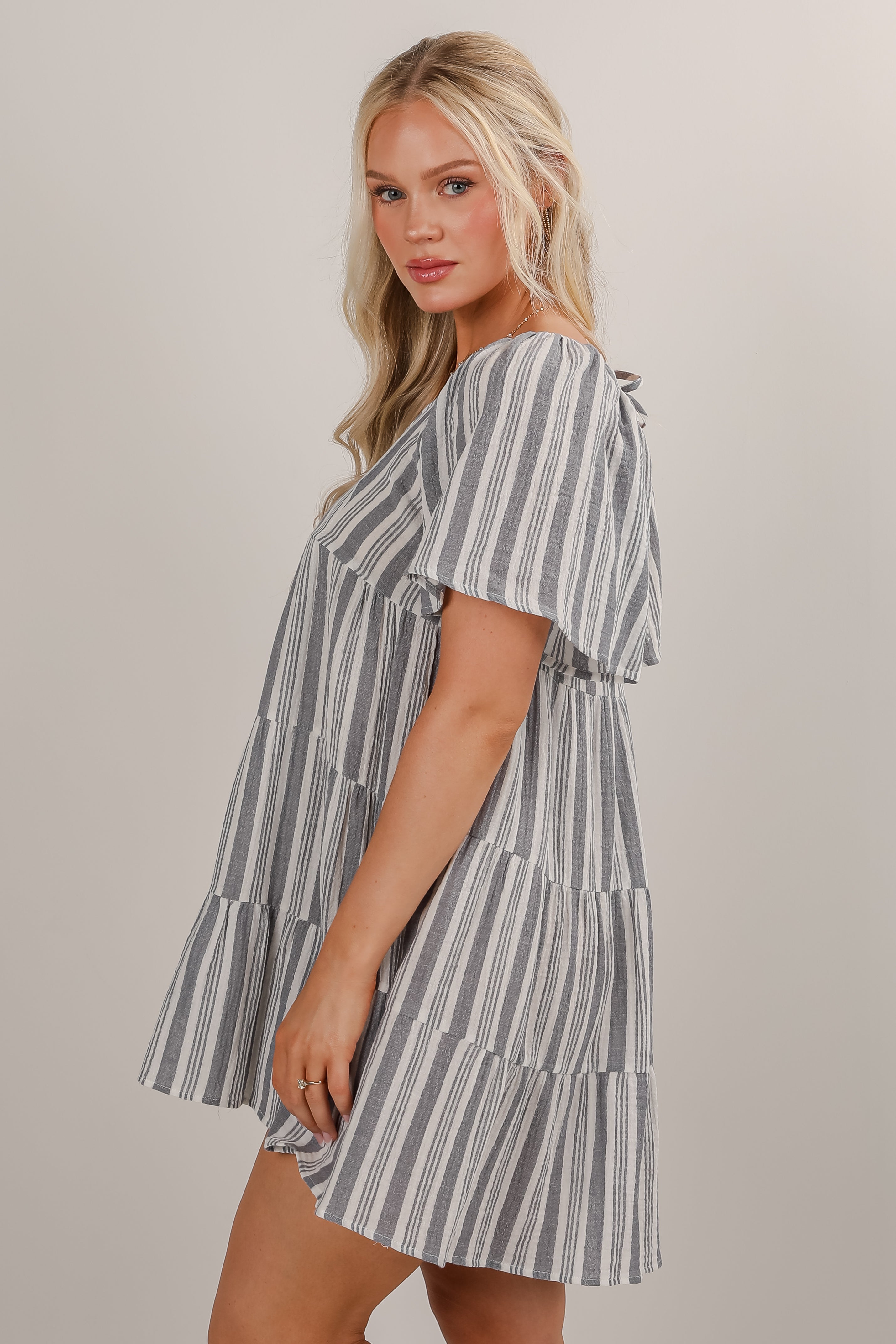 FINAL SALE - Hold Your Breath Denim Striped Linen Tiered Mini Dress