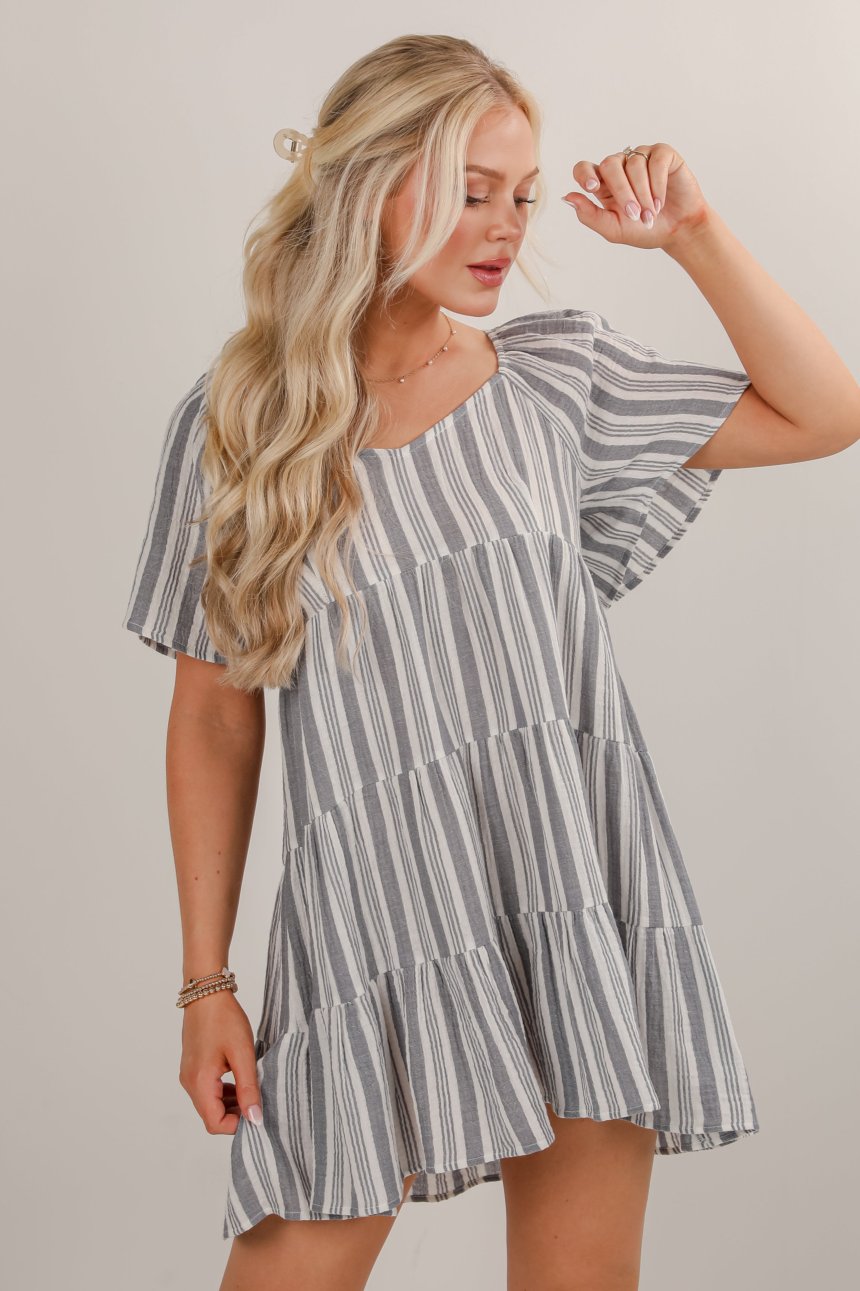 FINAL SALE - Hold Your Breath Denim Striped Linen Tiered Mini Dress