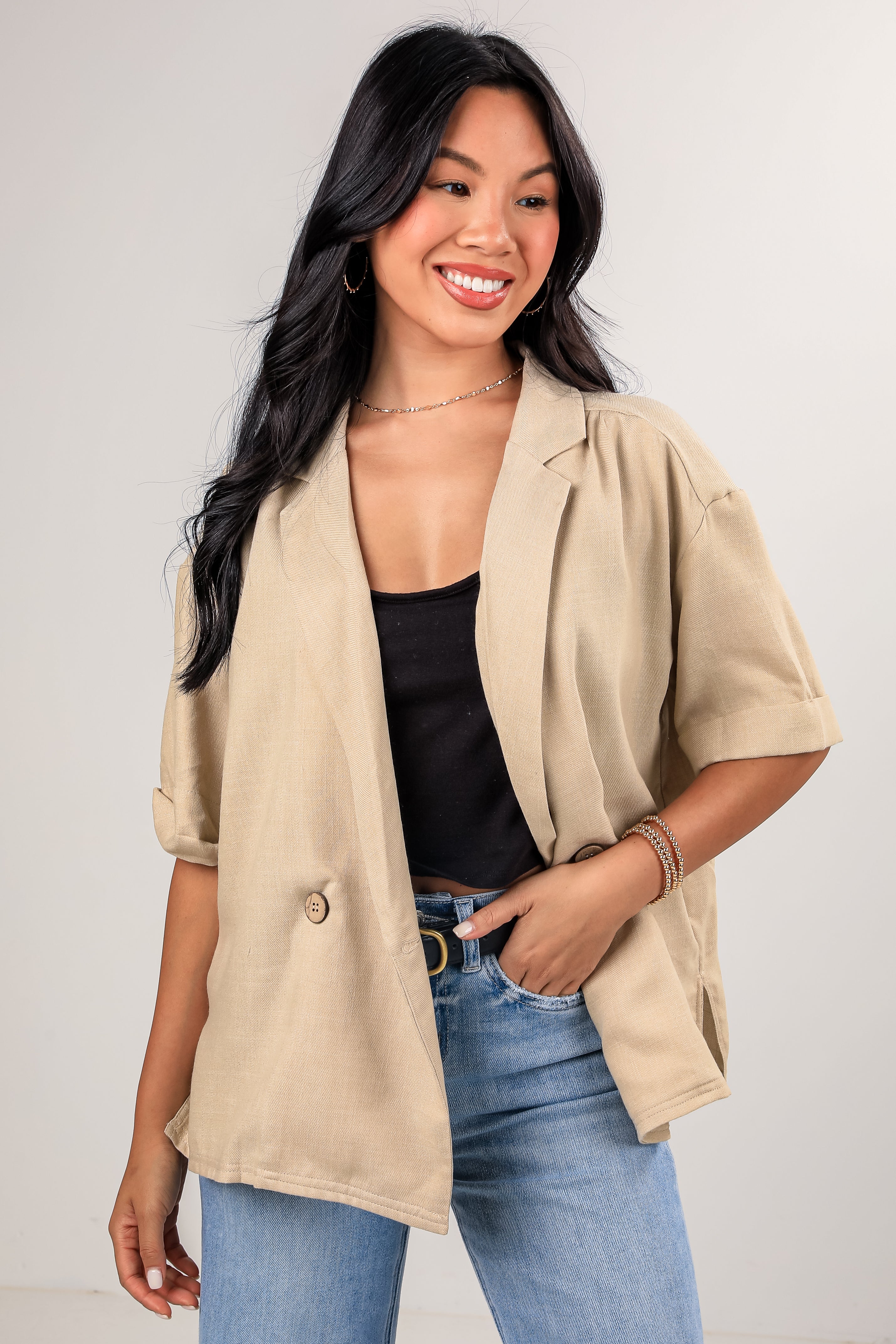 FINAL SALE - What Comes Next Oatmeal Short Sleeve Blazer