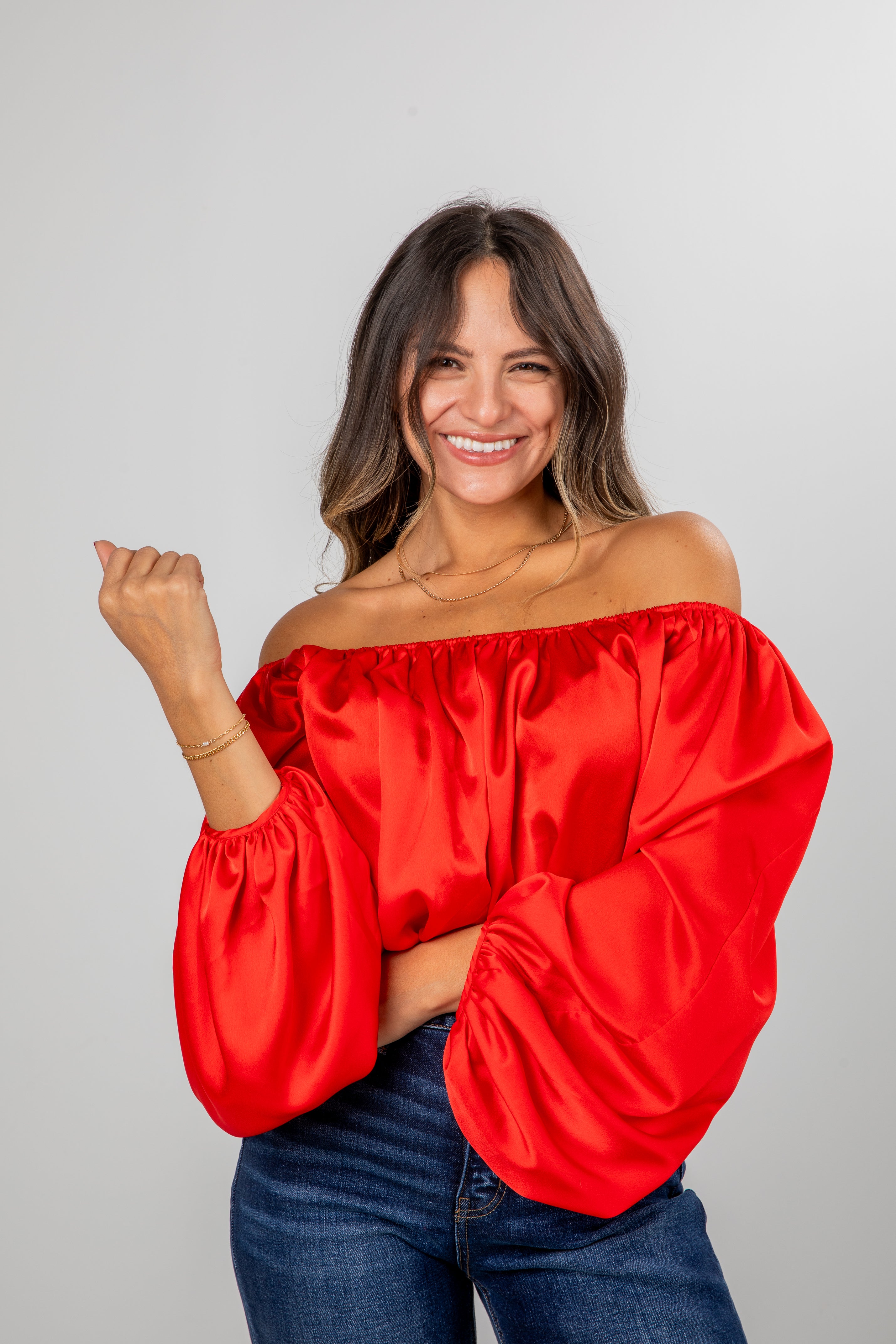 FINAL SALE - Lavish Looks Satin Off-The-Shoulder Blouse