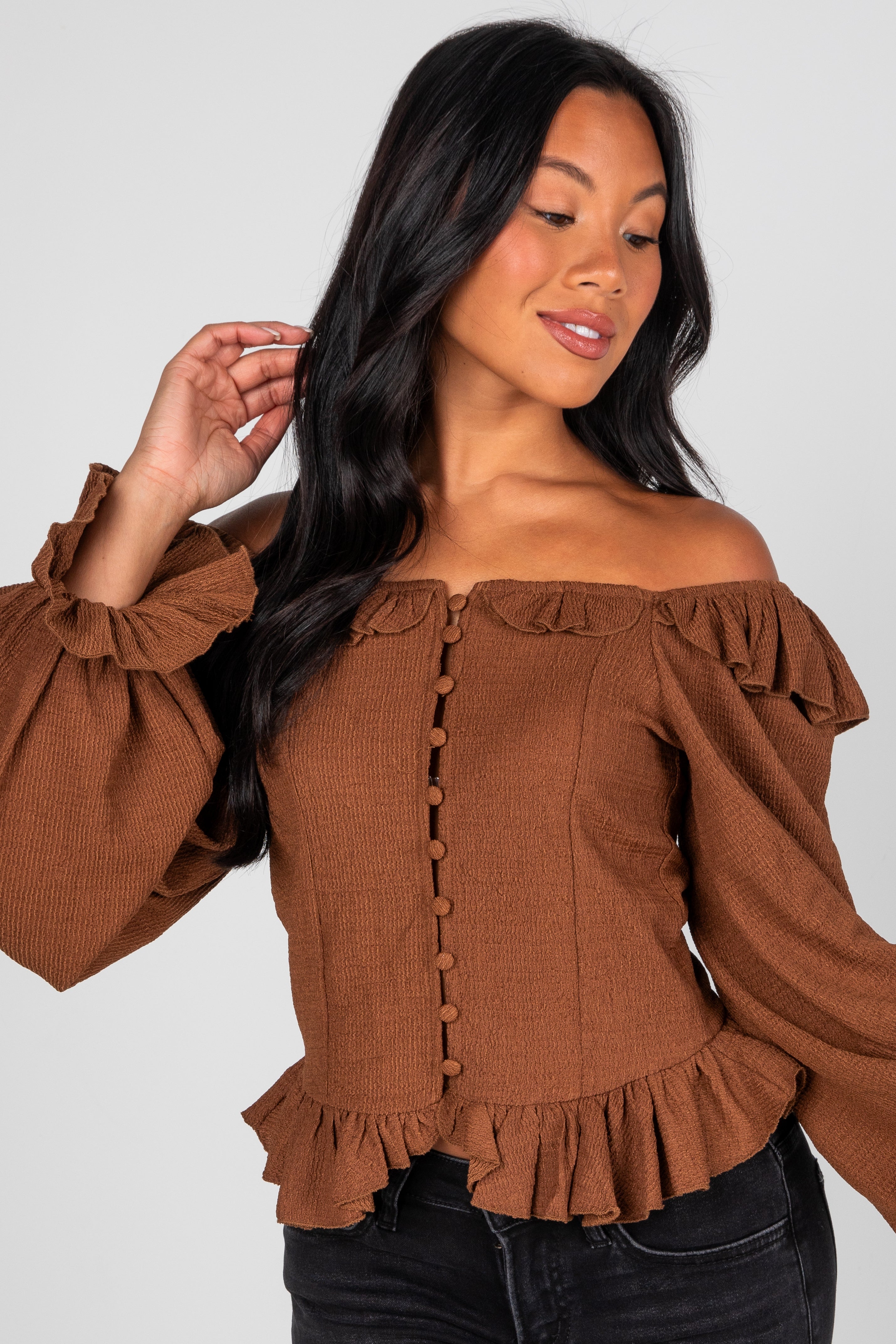 FINAL SALE - Share Your Story Brown Ruffle Blouse