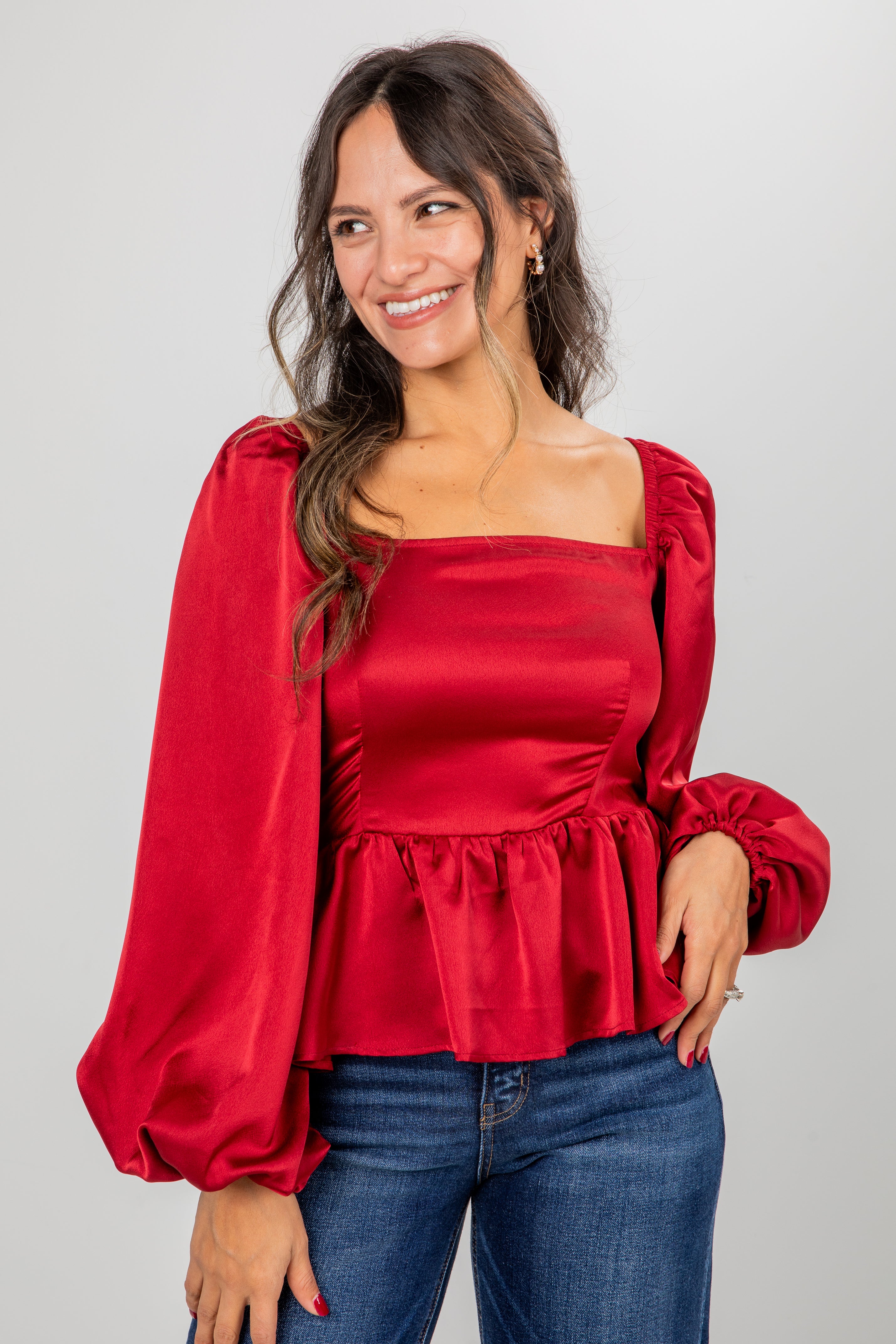 FINAL SALE - Graceful Presence Burgundy Satin Peplum Blouse
