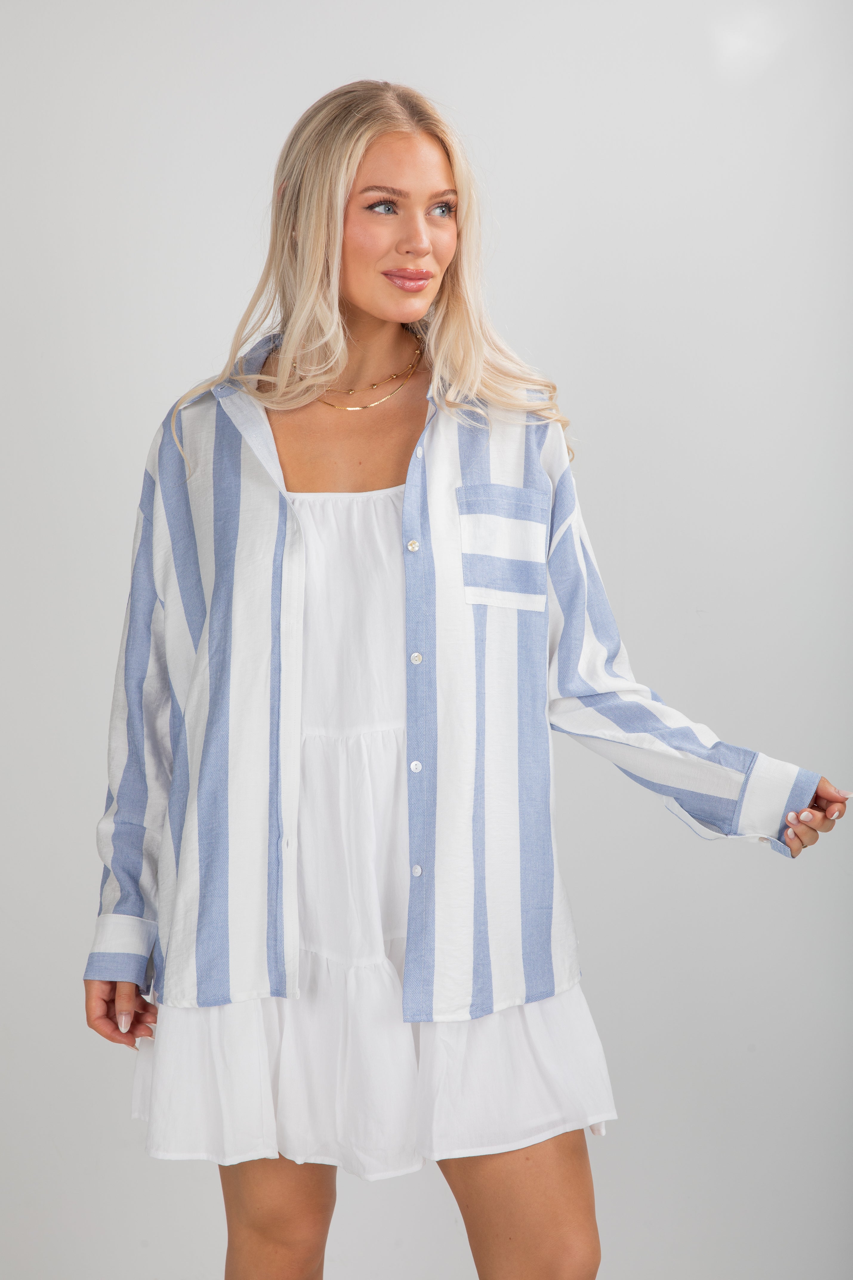 FINAL SALE - Essential Fit Light Blue Striped Button-Up Blouse
