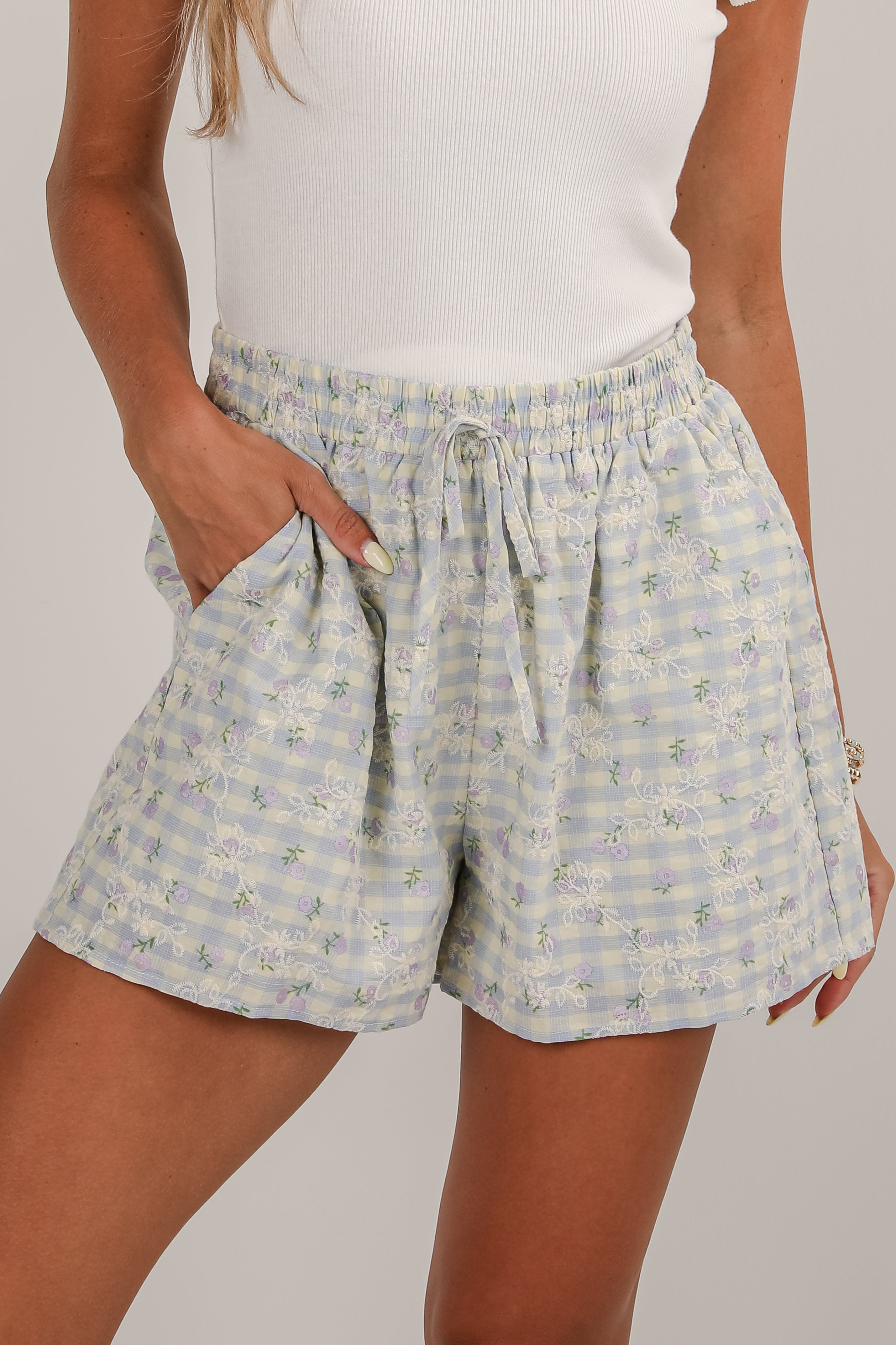 FINAL SALE - Next Thing You Know Light Blue Gingham Floral Embroidered Shorts