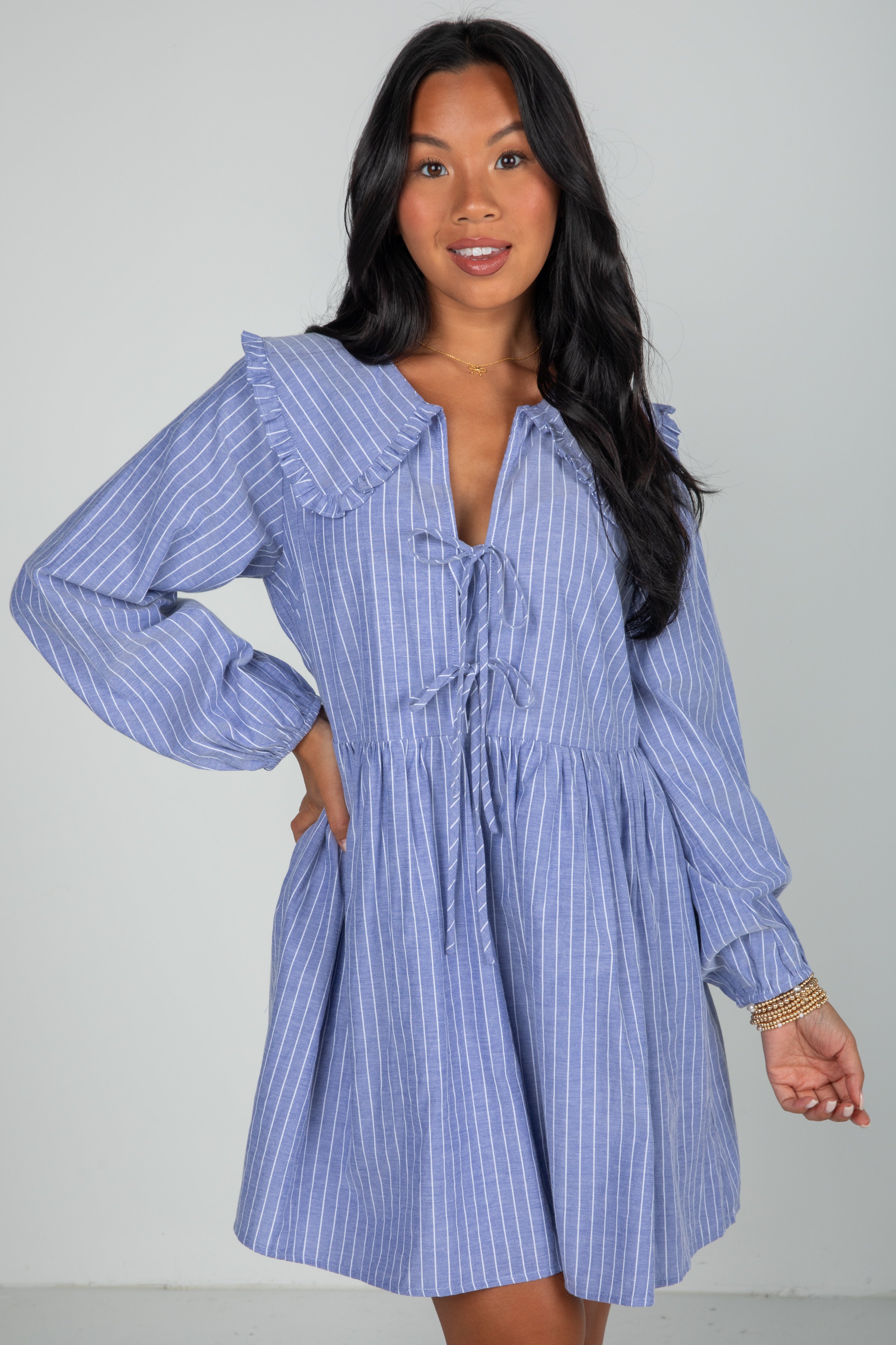 FINAL SALE - Romantic History Denim Striped Babydoll Mini Dress