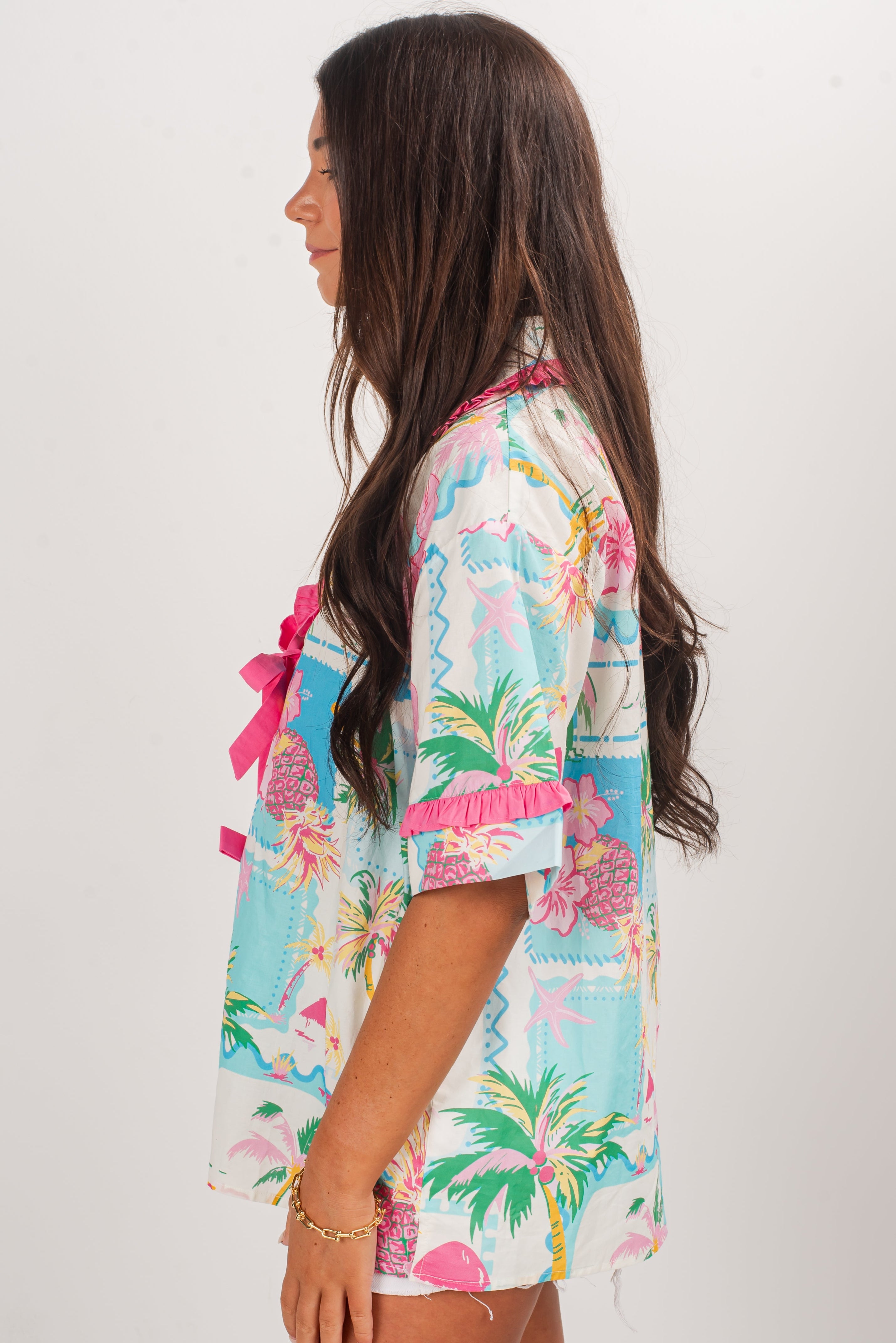 FINAL SALE - Sunkissed Pink Tropical Tie Blouse - DU DEAL