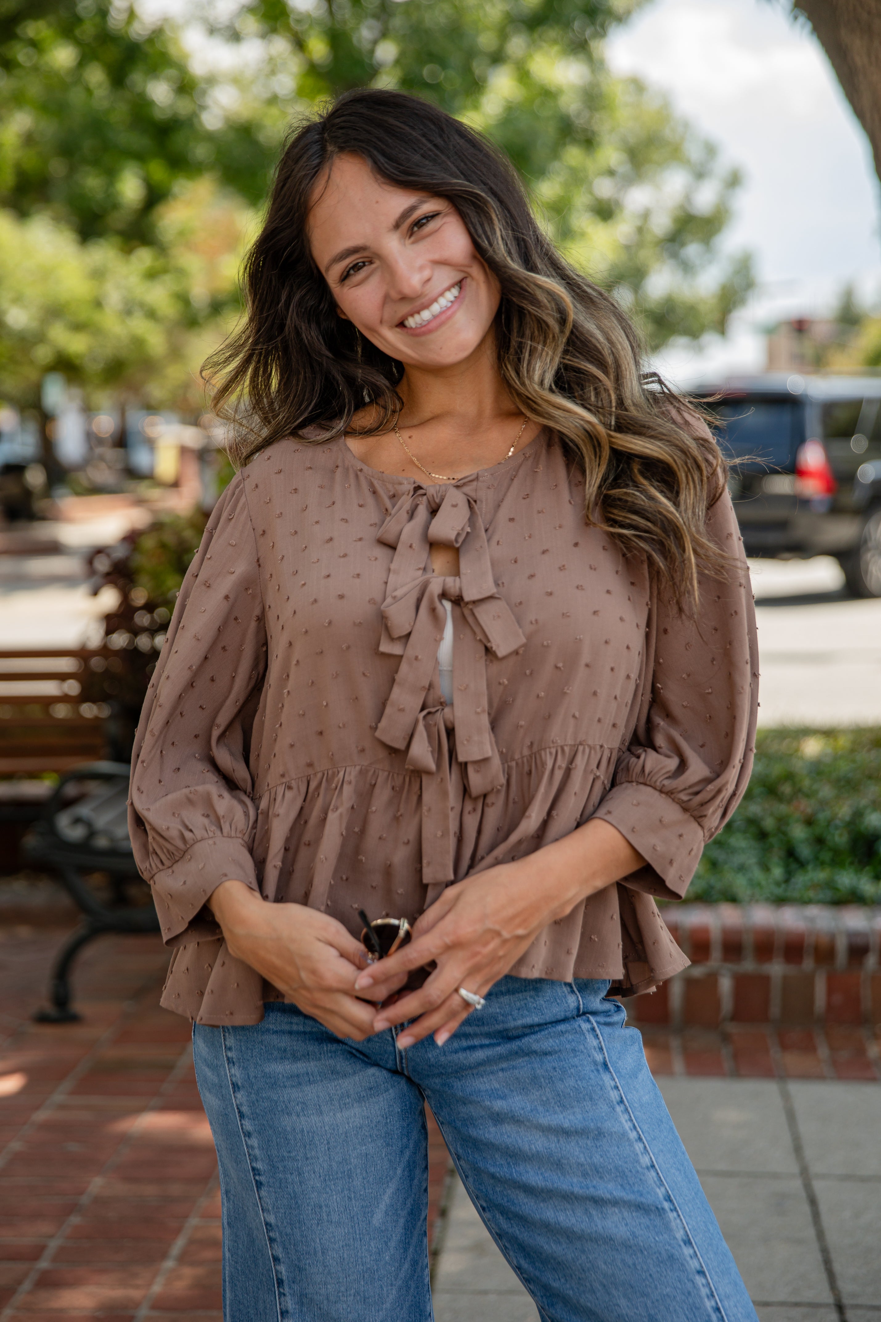 FINAL SALE - Fall For Me Mocha Tie Blouse