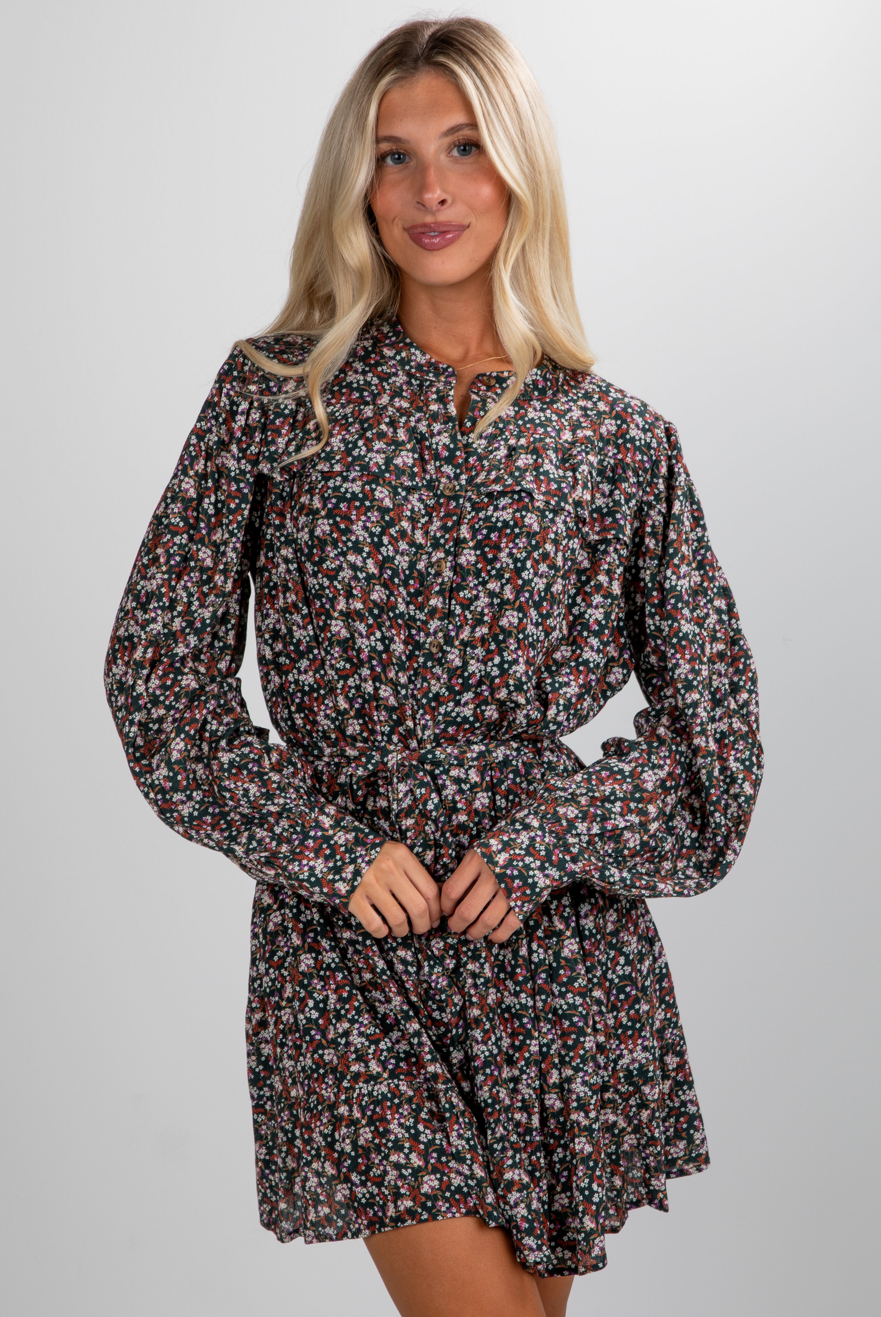 FINAL SALE - Share The Light Hunter Green Floral Mini Dress
