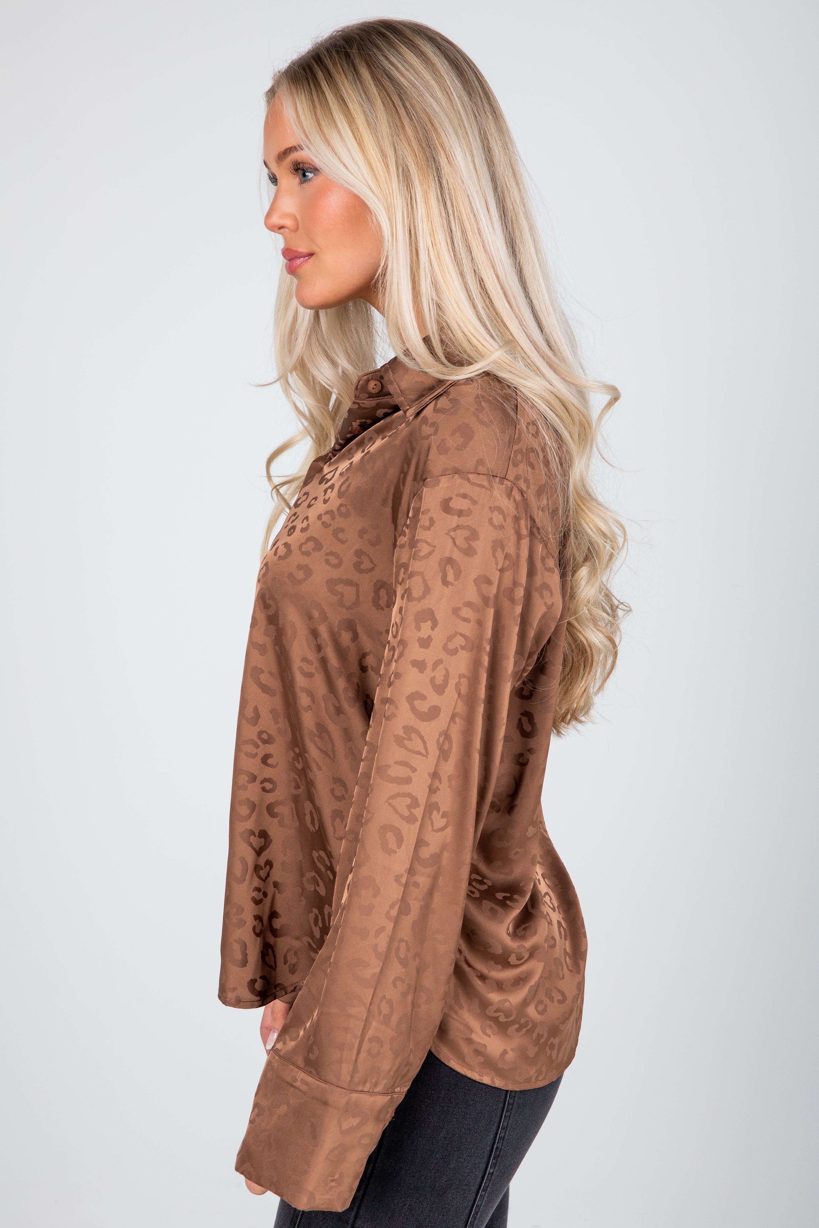 FINAL SALE - Wild And Free Brown Satin Leopard Button-Up Blouse
