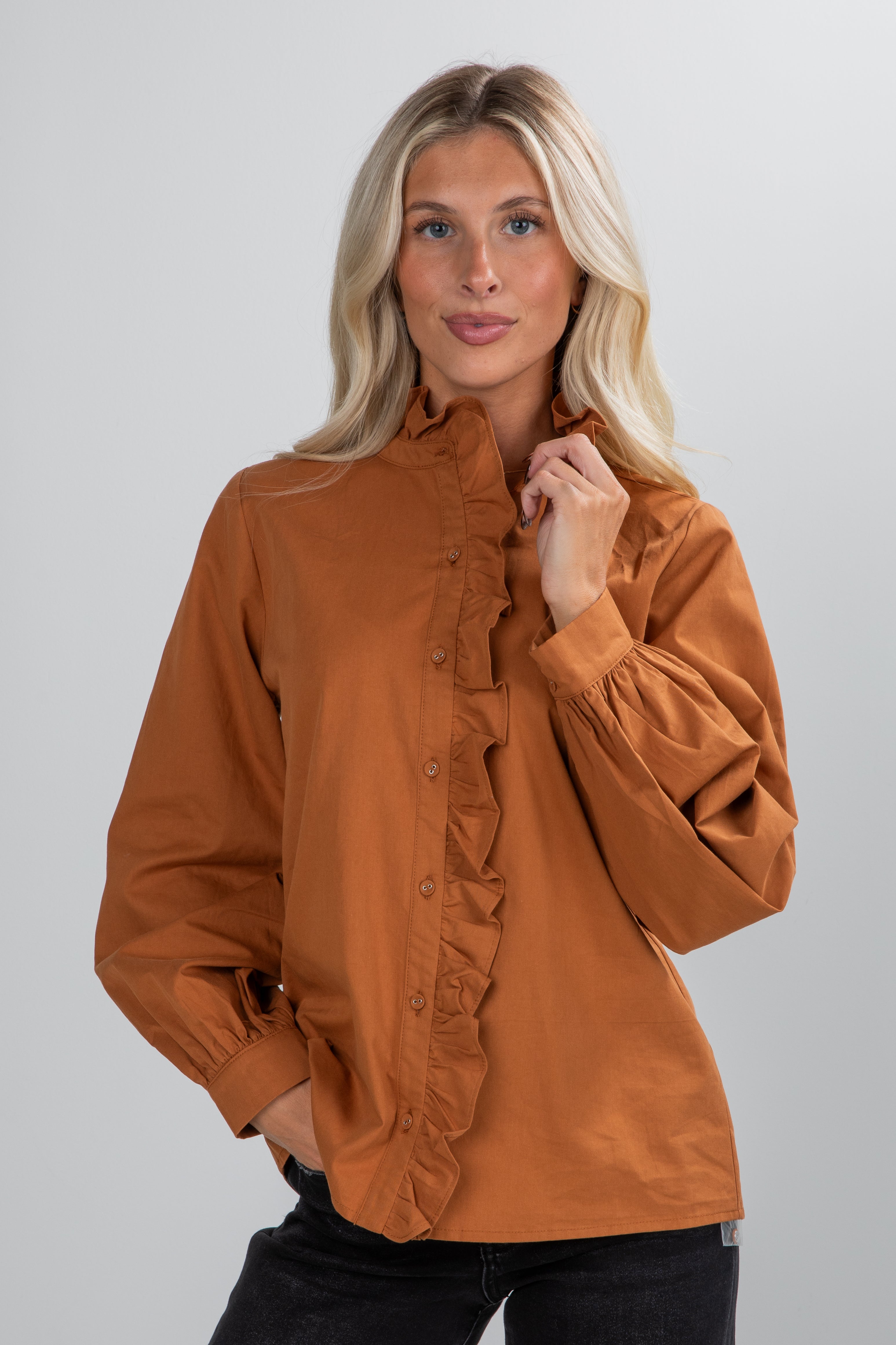FINAL SALE - Marvelous Darling Camel Ruffle Blouse