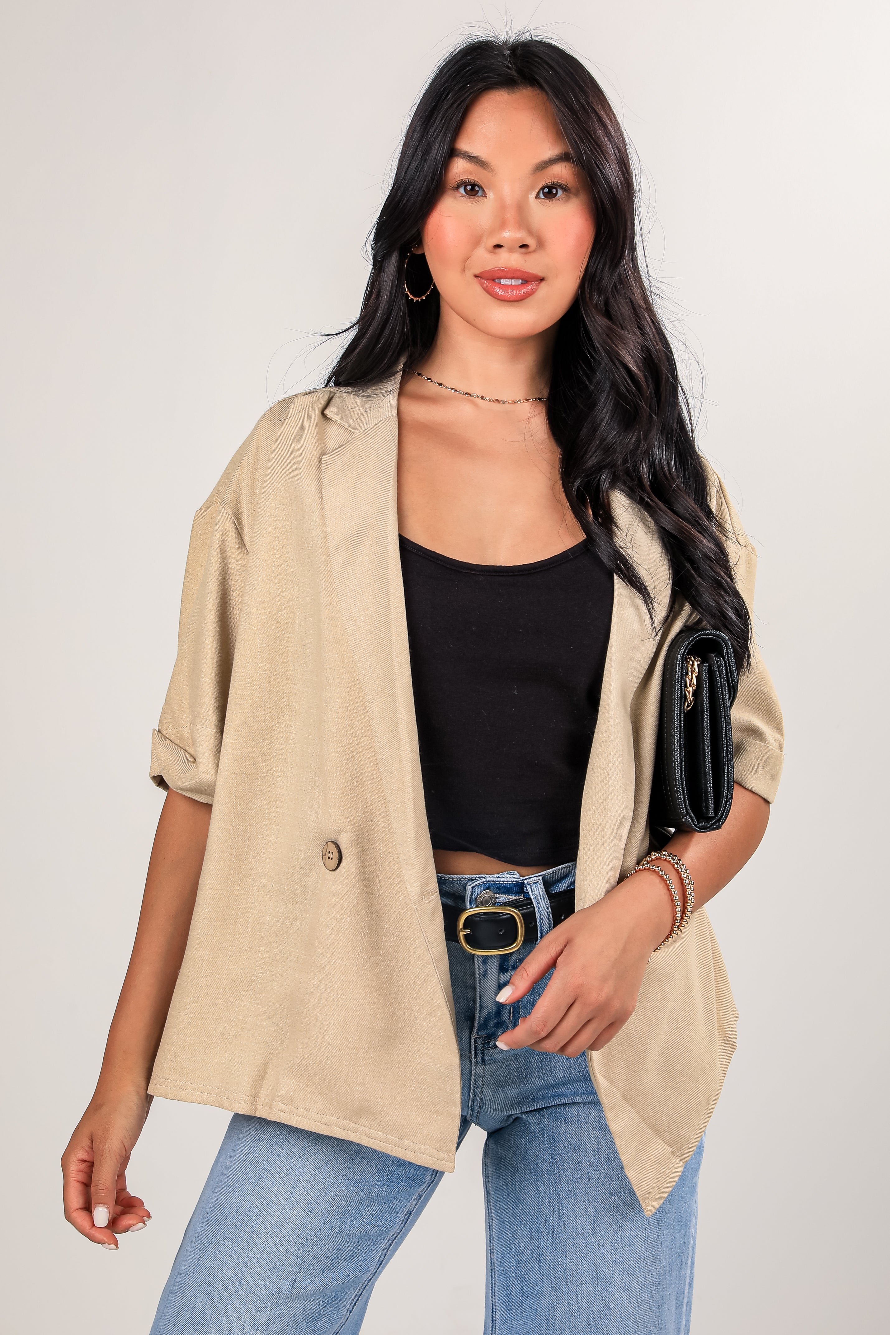 FINAL SALE - What Comes Next Oatmeal Short Sleeve Blazer