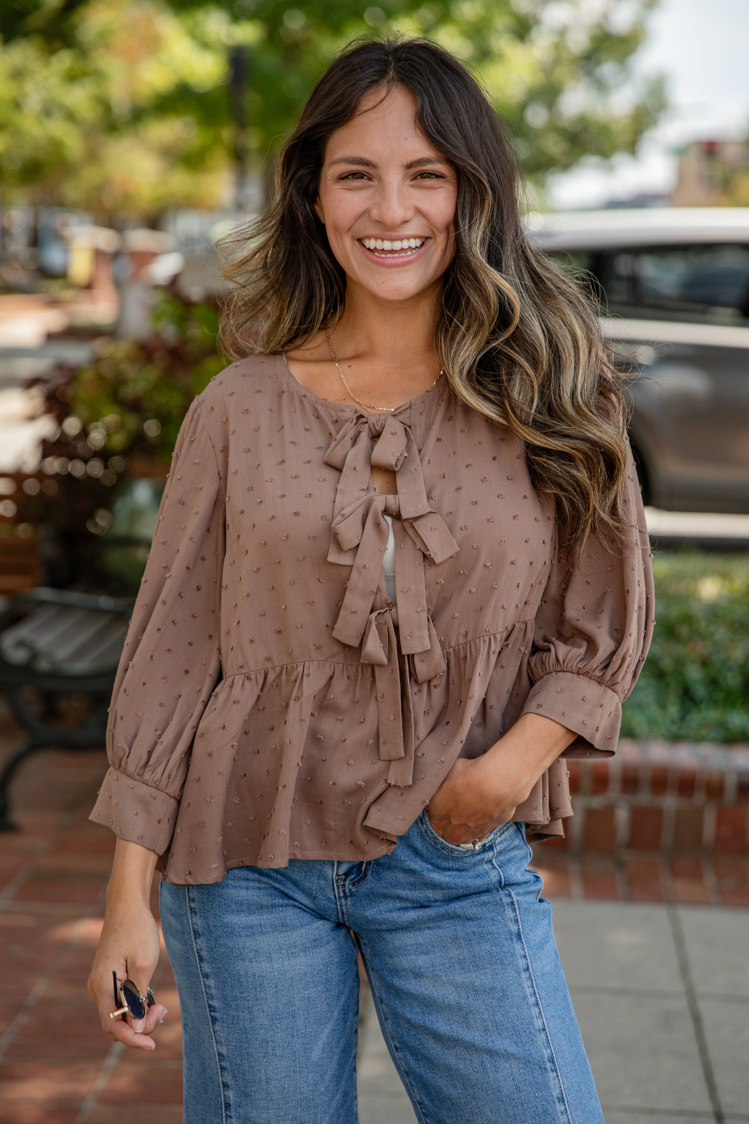 FINAL SALE - Fall For Me Mocha Tie Blouse