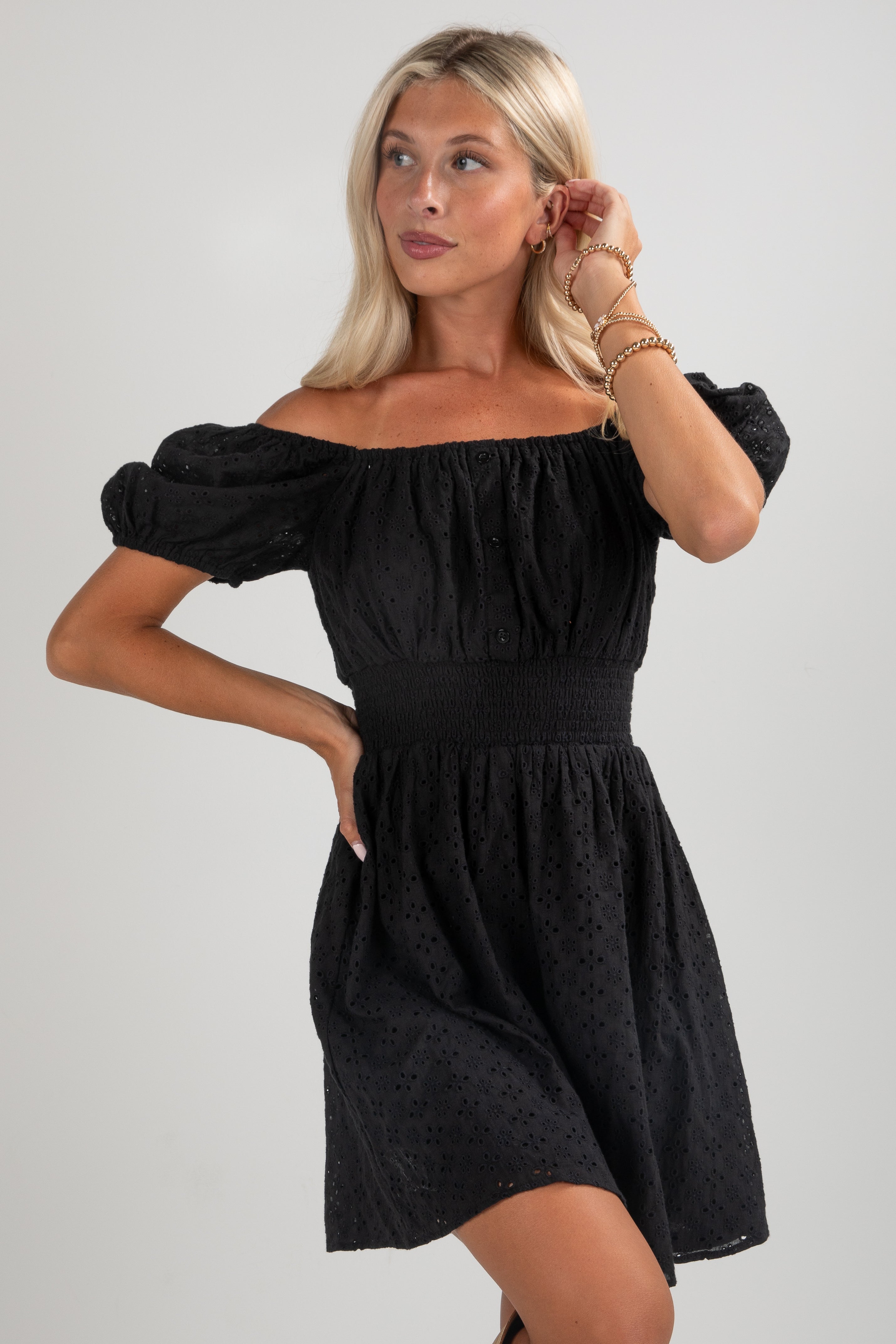 FINAL SALE - Sweet Like Honey Black Eyelet Mini Dress