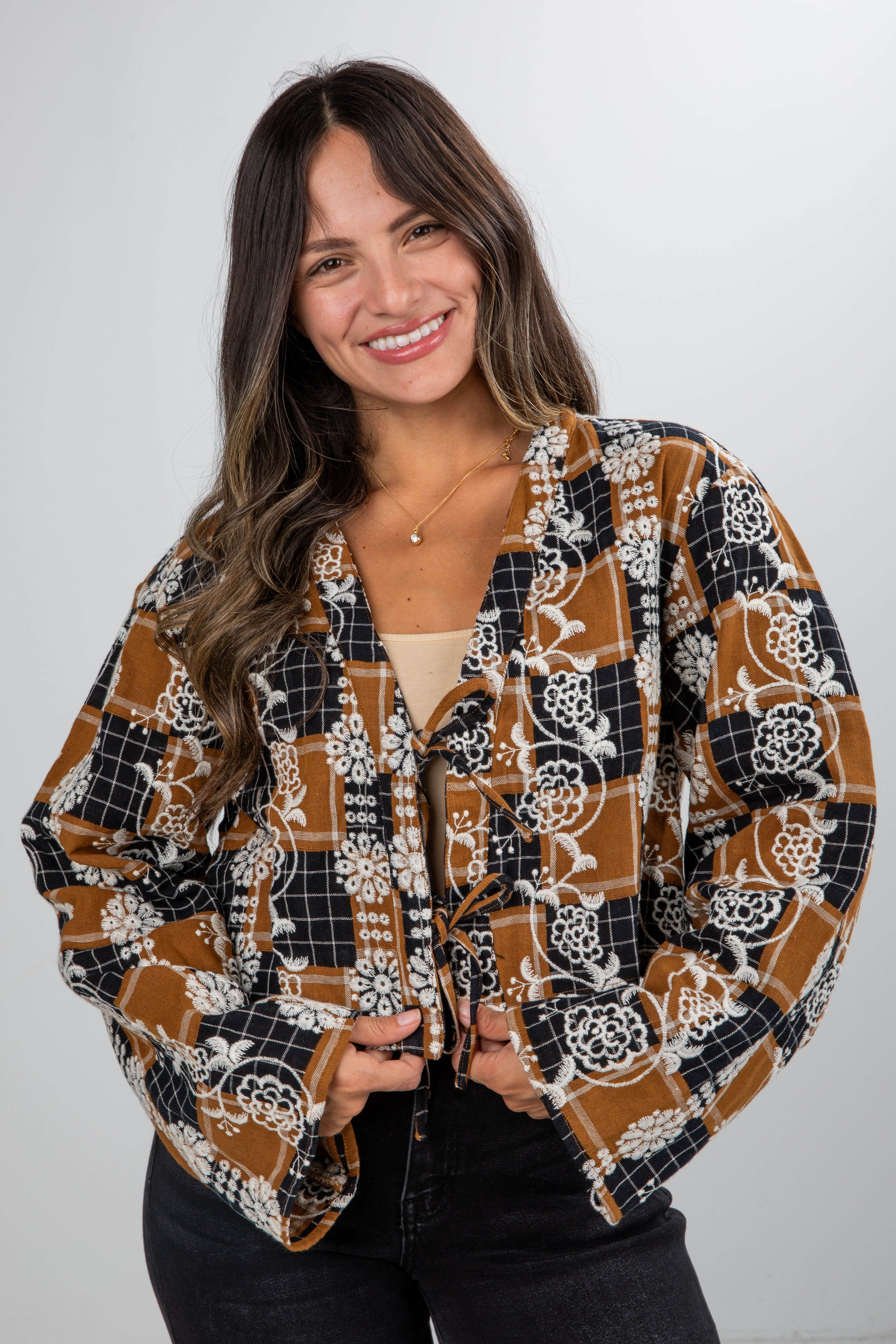 FINAL SALE - Wonderful Times Black Plaid Embroidered Tie Blouse
