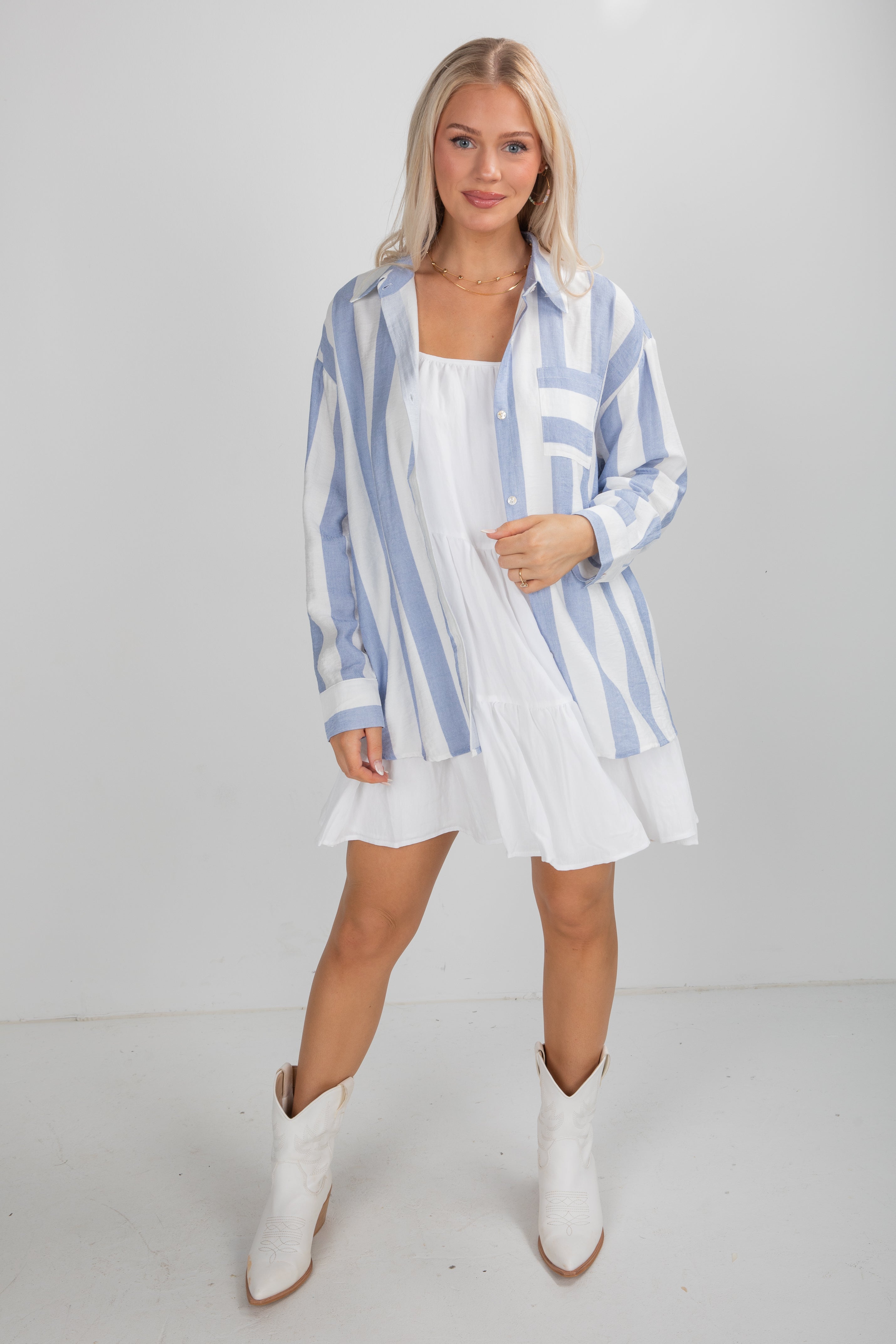 FINAL SALE - Essential Fit Light Blue Striped Button-Up Blouse