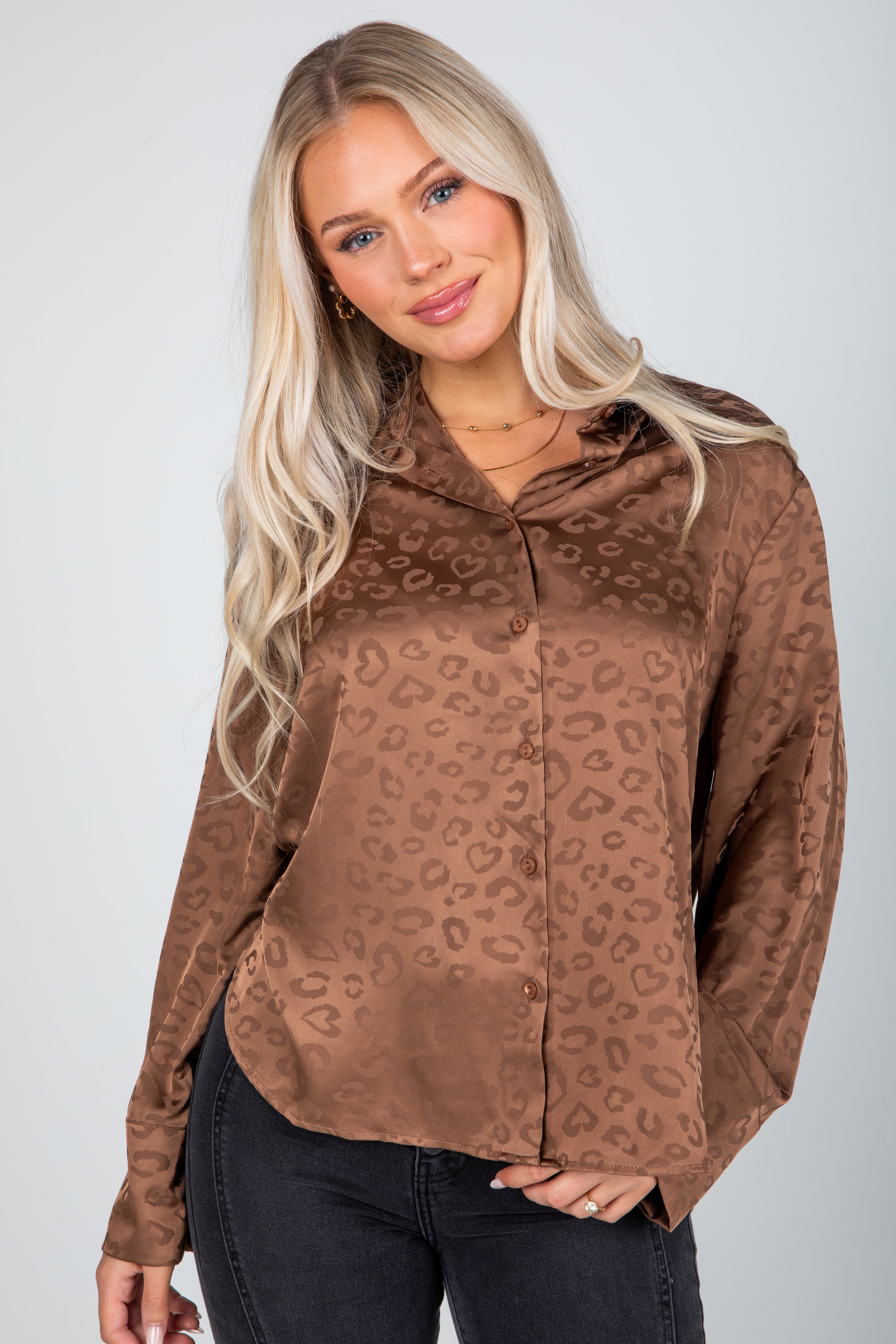 FINAL SALE - Wild And Free Brown Satin Leopard Button-Up Blouse