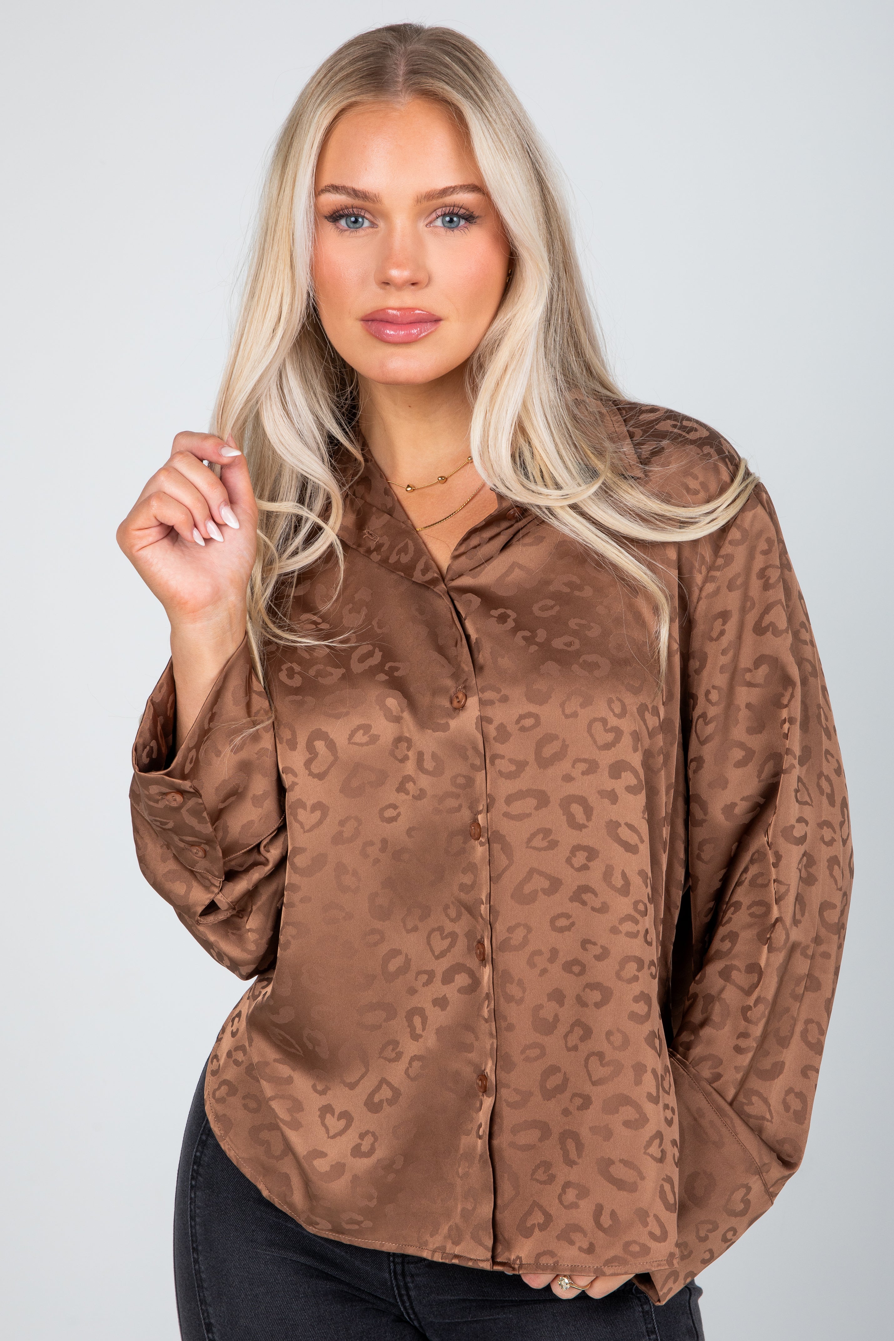 FINAL SALE - Wild And Free Brown Satin Leopard Button-Up Blouse