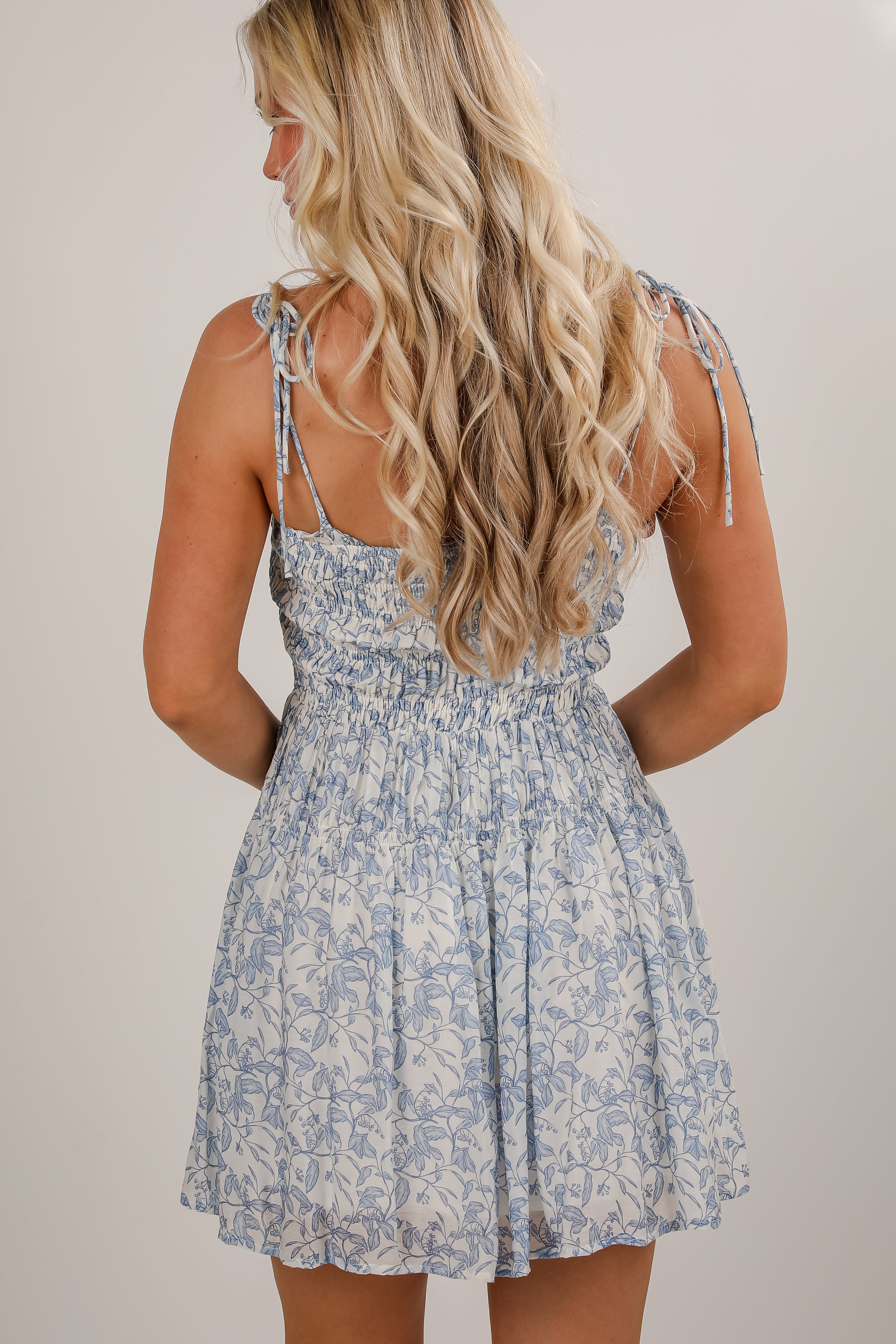 FINAL SALE - Never Far Away Blue Smocked Leaf Print Mini Dress