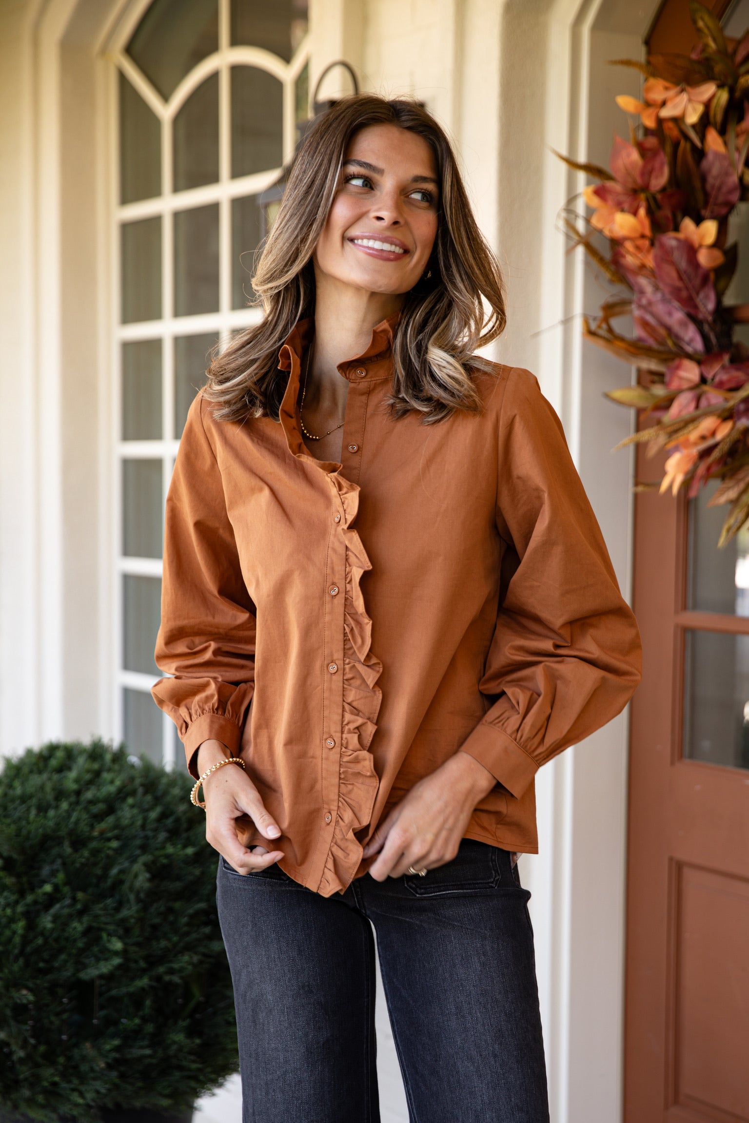 FINAL SALE - Marvelous Darling Camel Ruffle Blouse